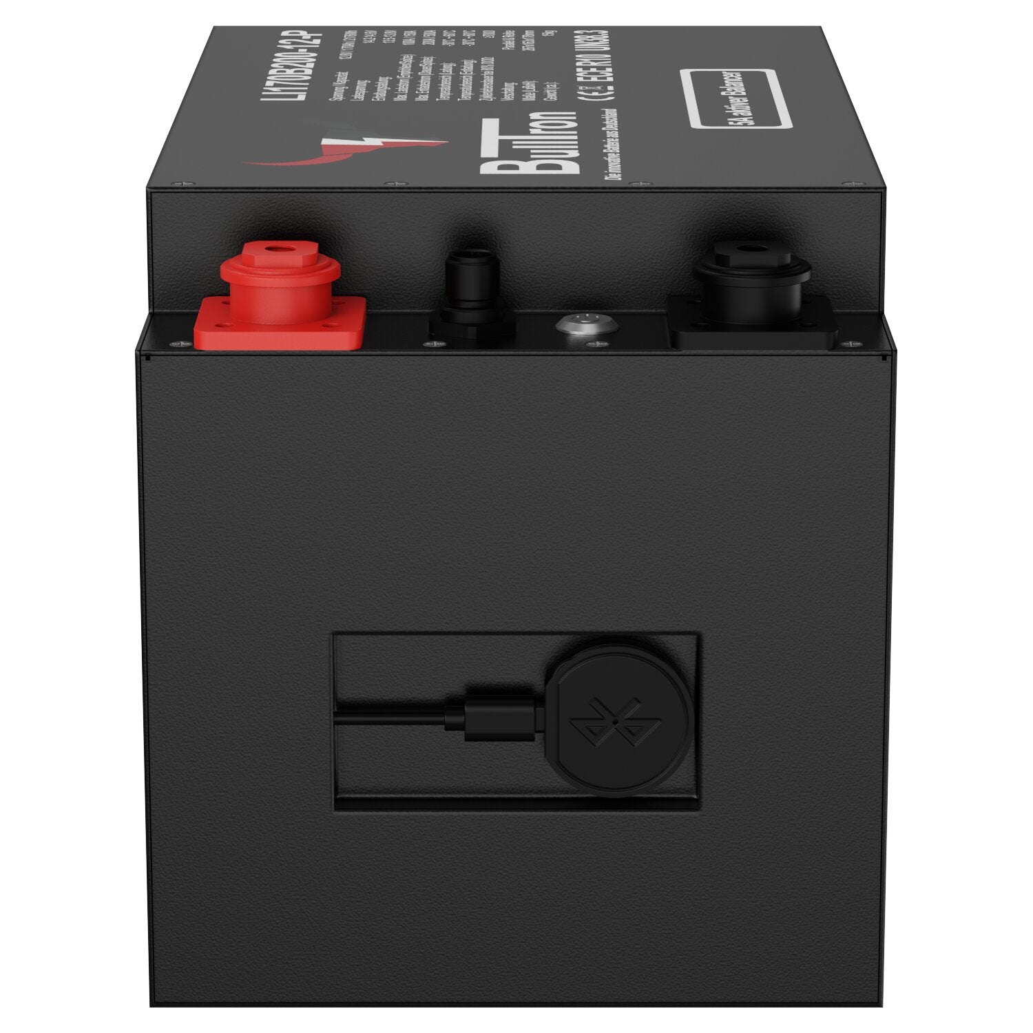 Schwarze rechteckige Lithium-Batterie mit rotem Plus-Anschluss links, mittig schwarzer Kappe und rechter Abdeckung; Deckel zeigt Polar 170 Ah