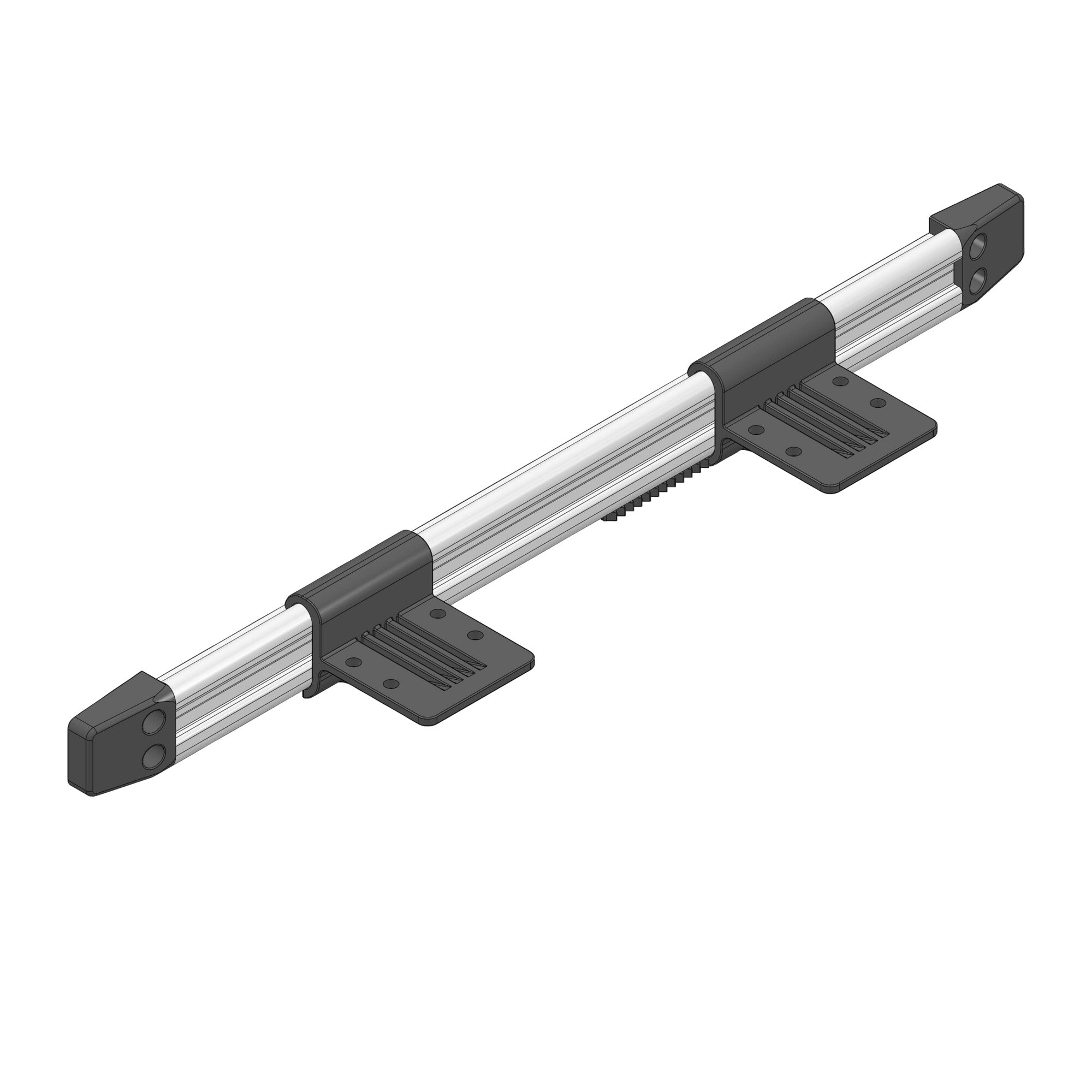 50 cm Wandanschlussschiene aus Aluminium mit schwarzen Endkappen, zwei parallelen Führungsprofilen und montierter Befestigungsplatte mit Löchern