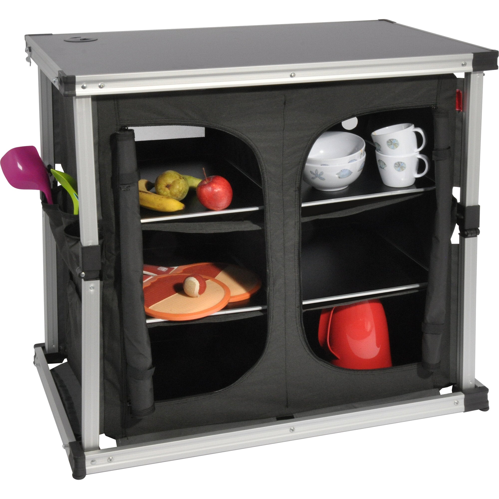 Campingschrank dunkelgrau Double mit Aluminiumrahmen und Stoffregalen, offen beladen mit Obst, Geschirr und Tassen