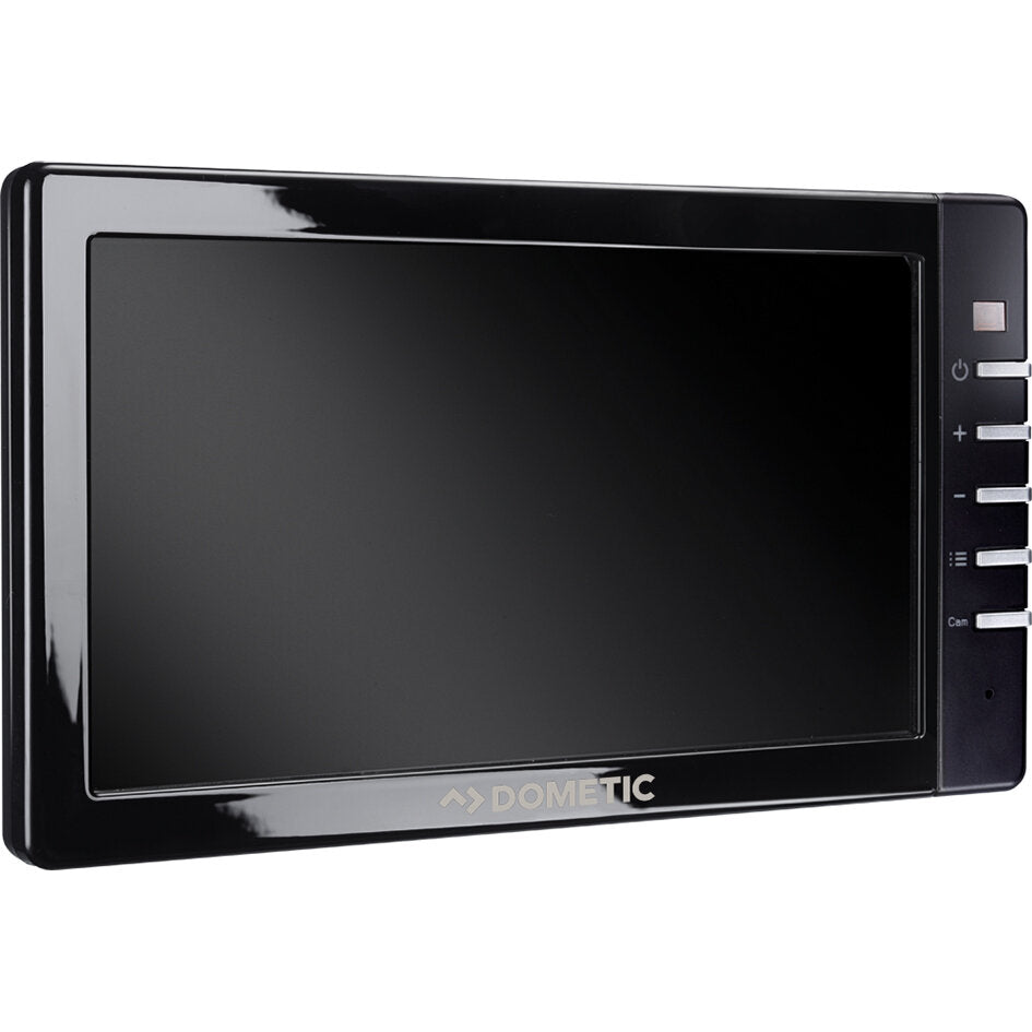 DOMETIC PerfectView 7-Zoll-Monitor mit glänzend schwarzem Gehäuse und rechtsseitiger Bedienleiste mit Tasten