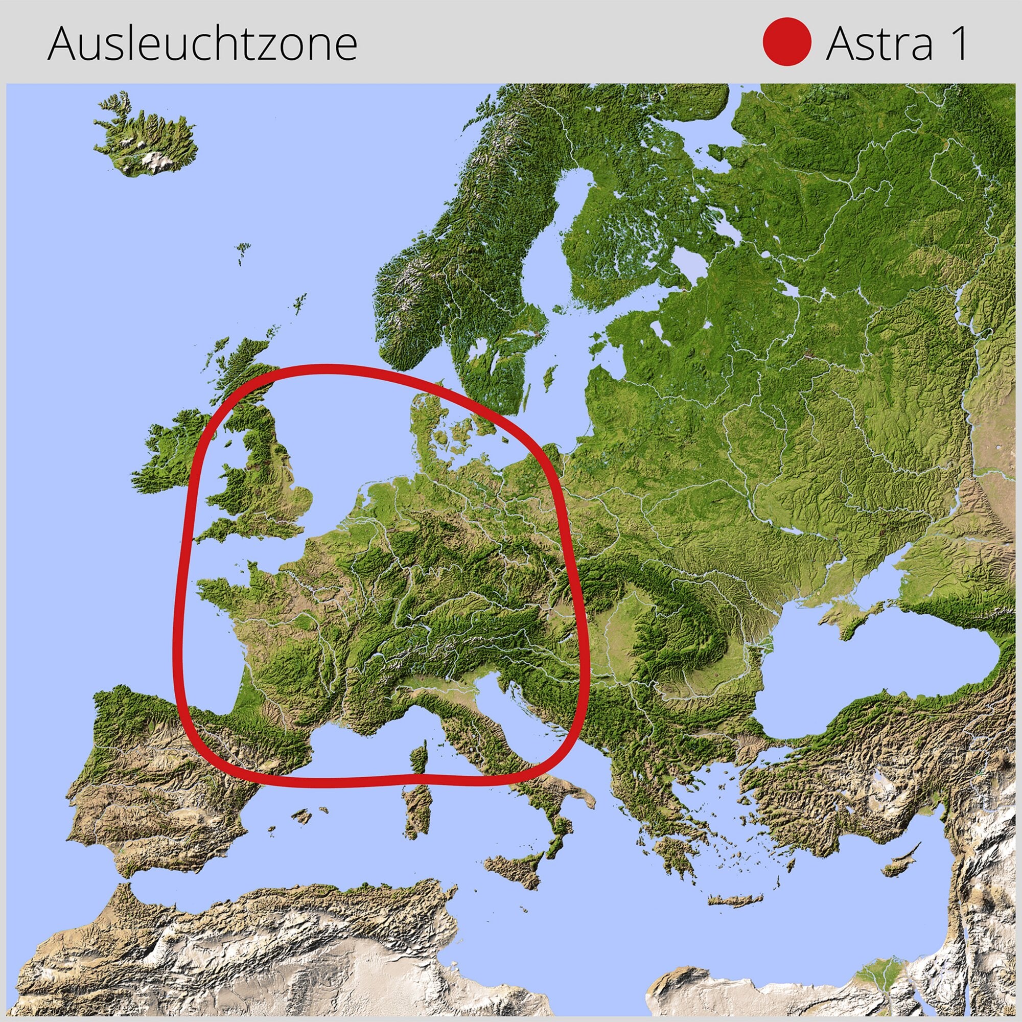 Kartendarstellung Europas mit Mittelmeerraum, grün eingezeichneten Gebieten und rotem Kreis als Ausleuchtzone Astra 1 oben