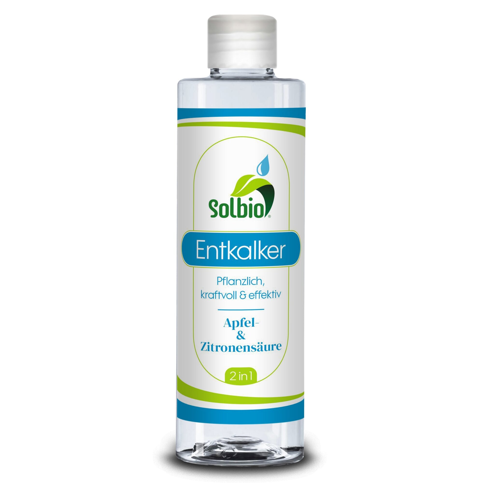 Transparente Kunststoffflasche mit weißem Verschluss, Etikett mit Solbio-Logo, blauem Entkalkertext und grün-blauem Design