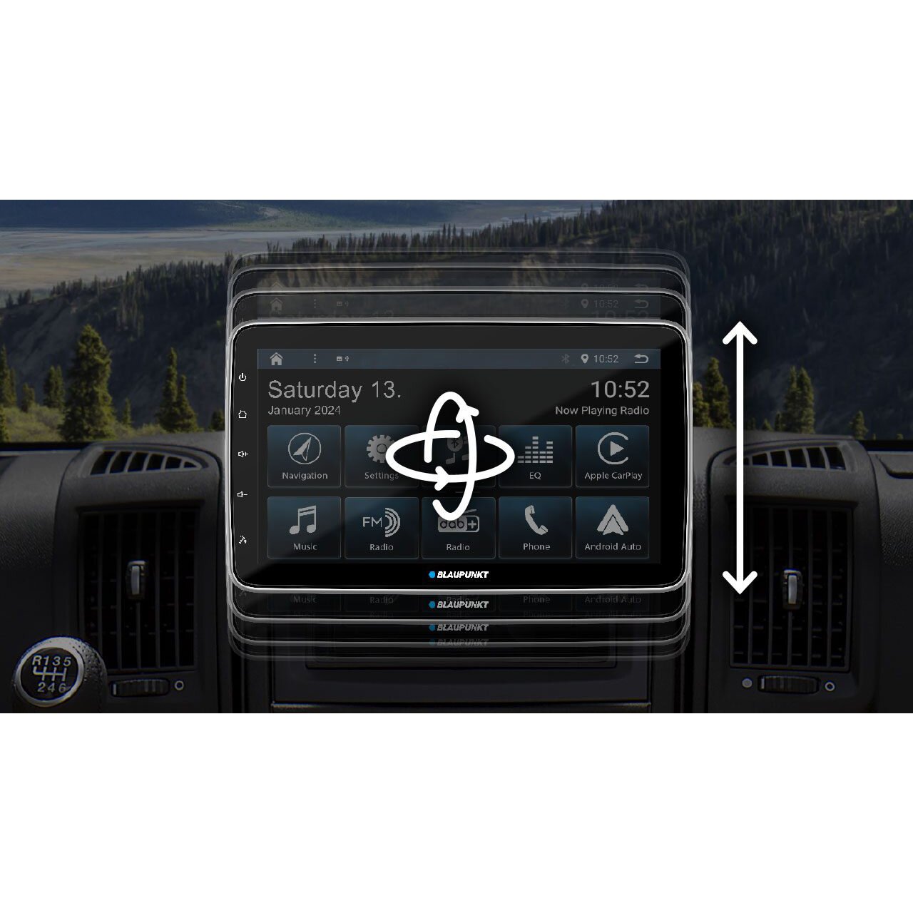Blaupunkt Hamburg 948 DAB Navigationssystem als Touchscreen im Auto; Icons wie Navigation, Musik, Radio; weißer Scribble über Bildschirm