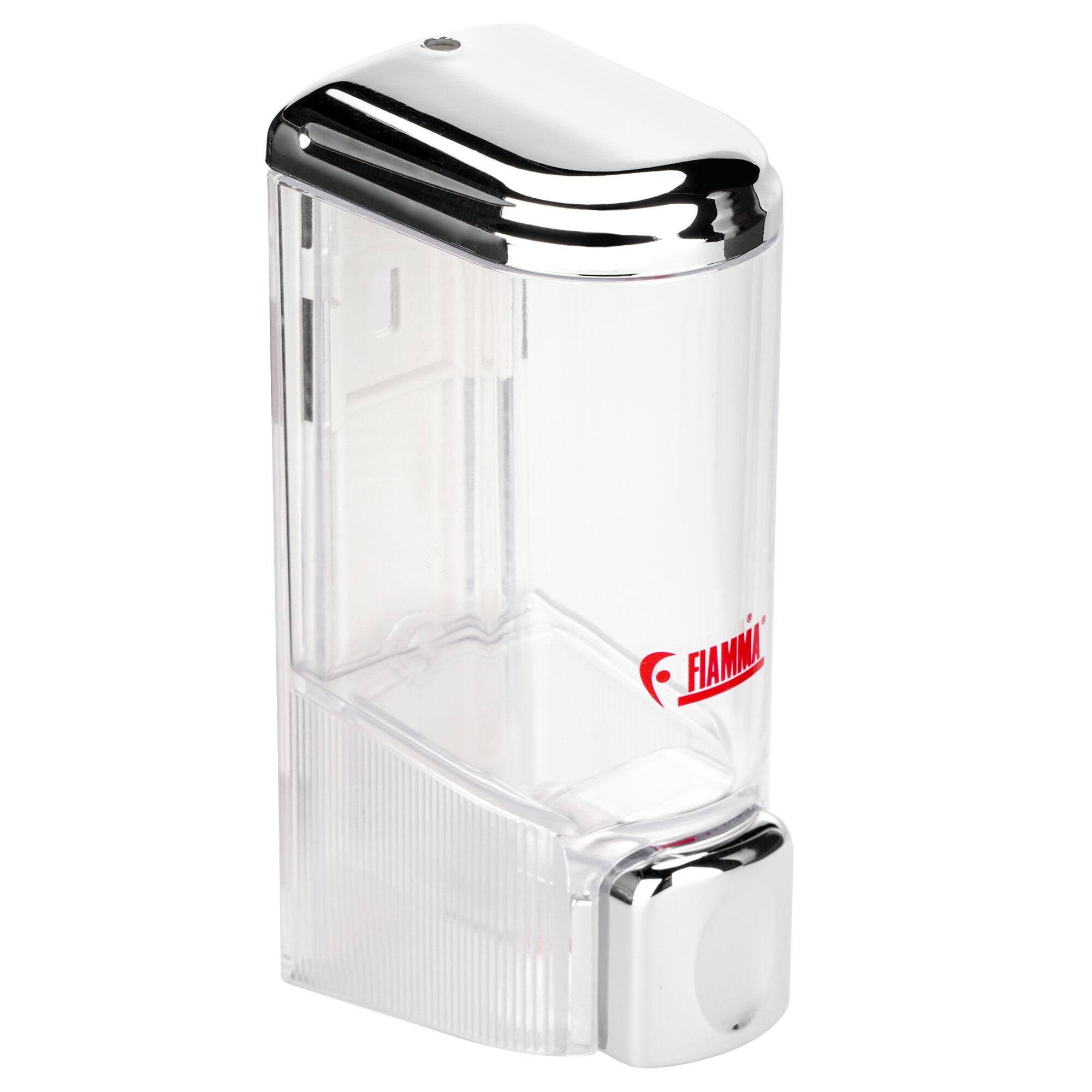 Transparenter Seifenspender mit glänzendem chromfarbenem Pumpenkopf, klare Flasche mit vertikalen Rillen und FIAMMA-Logo unten