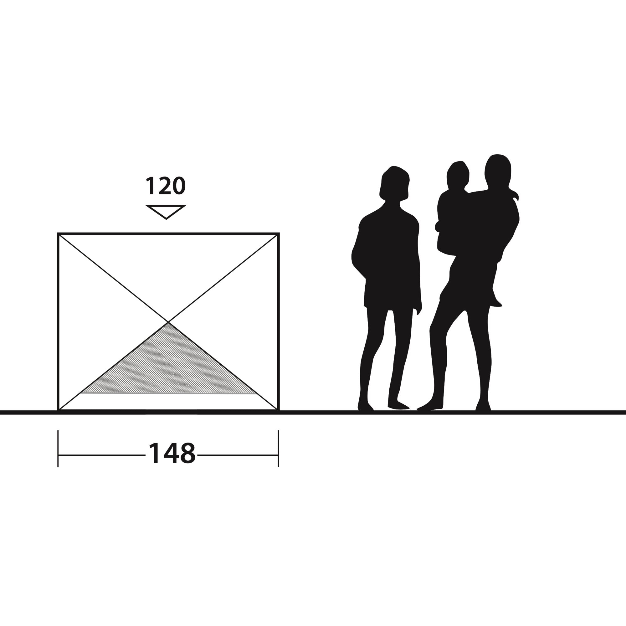 Schwarz-weißes Diagramm der Strandmuschel Formby mit Grundriss, diagonalen Linien und schraffiertem Boden, rechts drei Silhouetten stehen