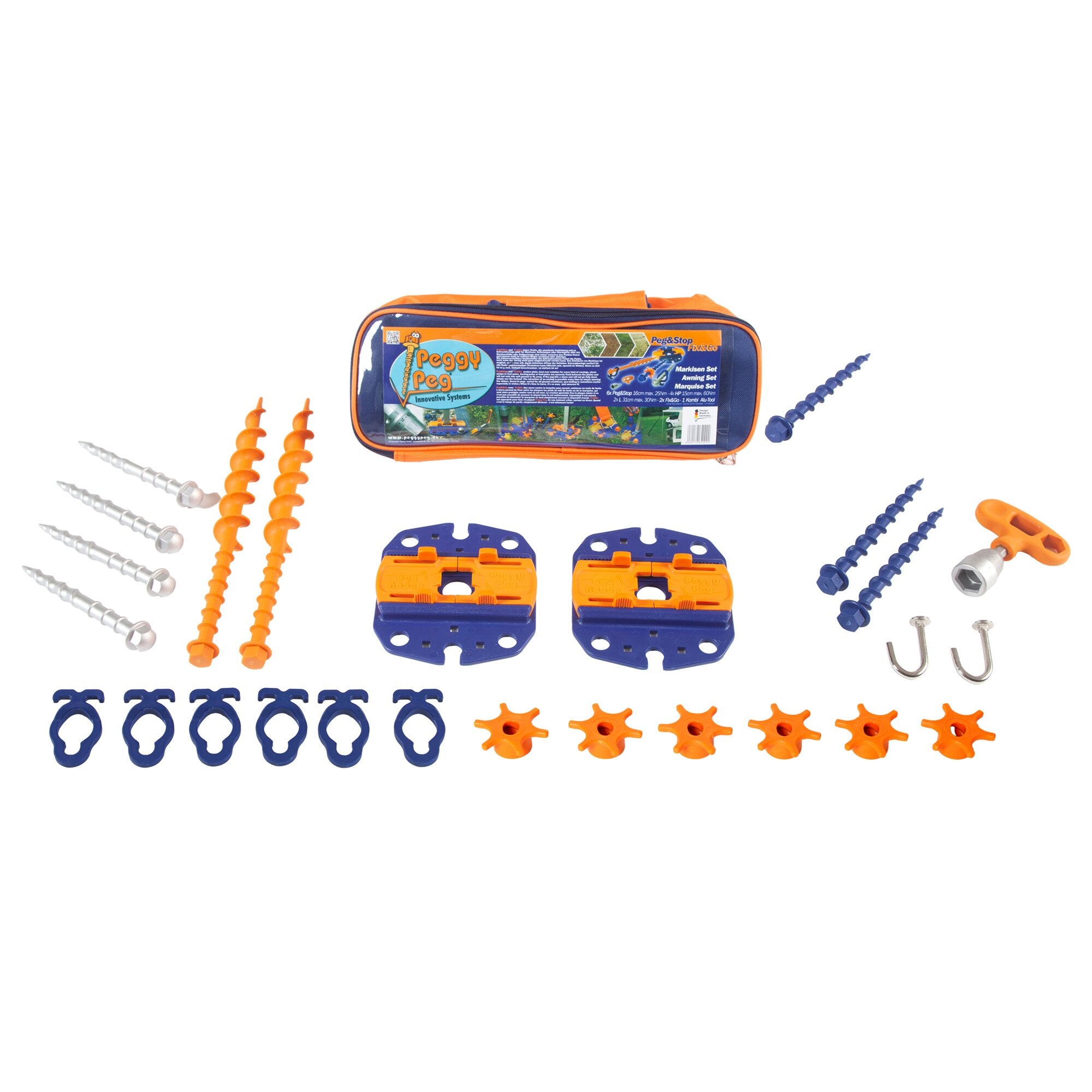 Vielfältiges Montageset für Markisen in Orange und Blau mit Schrauben, Dübeln, orangefarbenen Befestigungen, blauen Halteplatten und Tragetasche