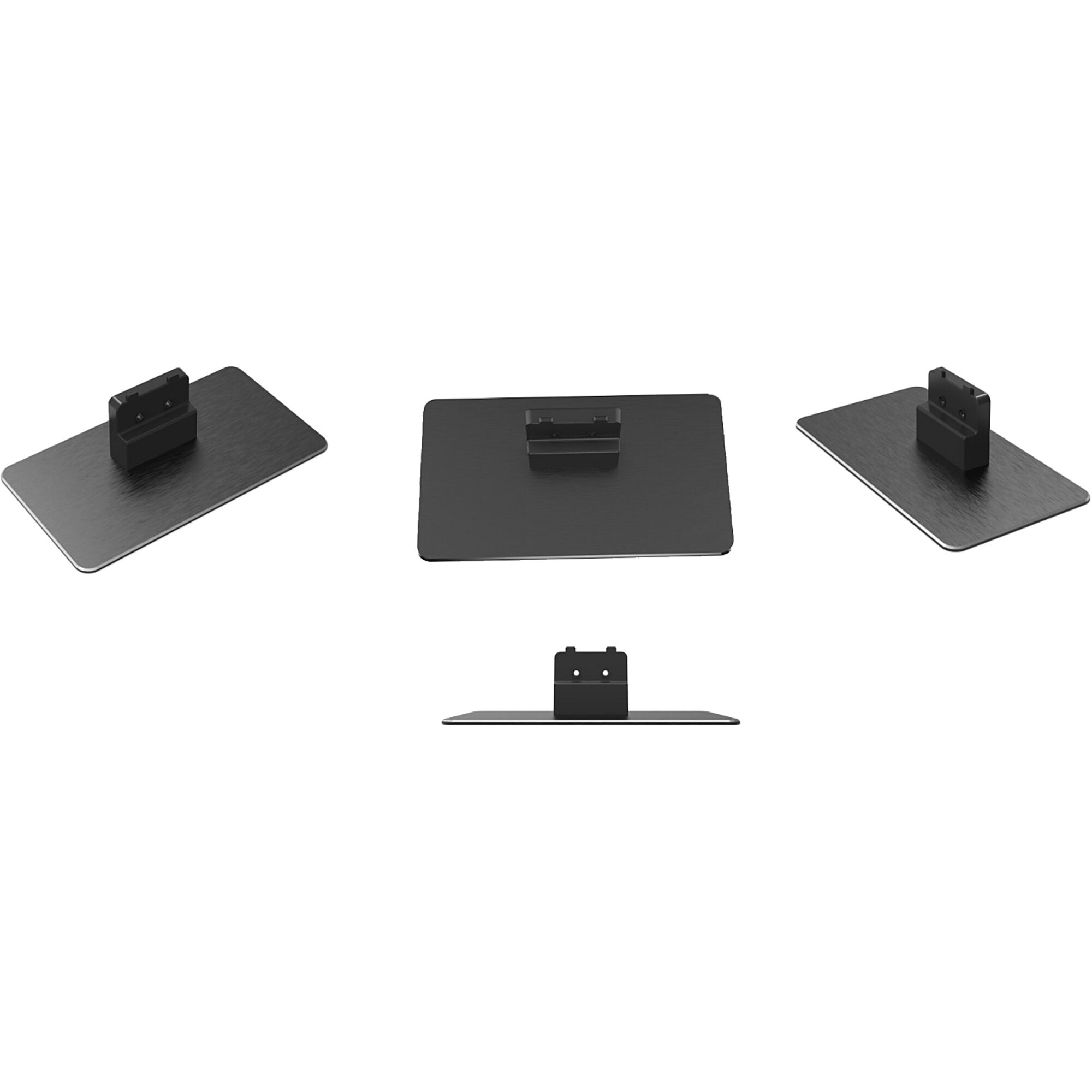Drei schwarze Standfußbasen aus flachen Metallplatten mit integrierten Befestigungsclips oben, Ansichten von vorne links und rechts