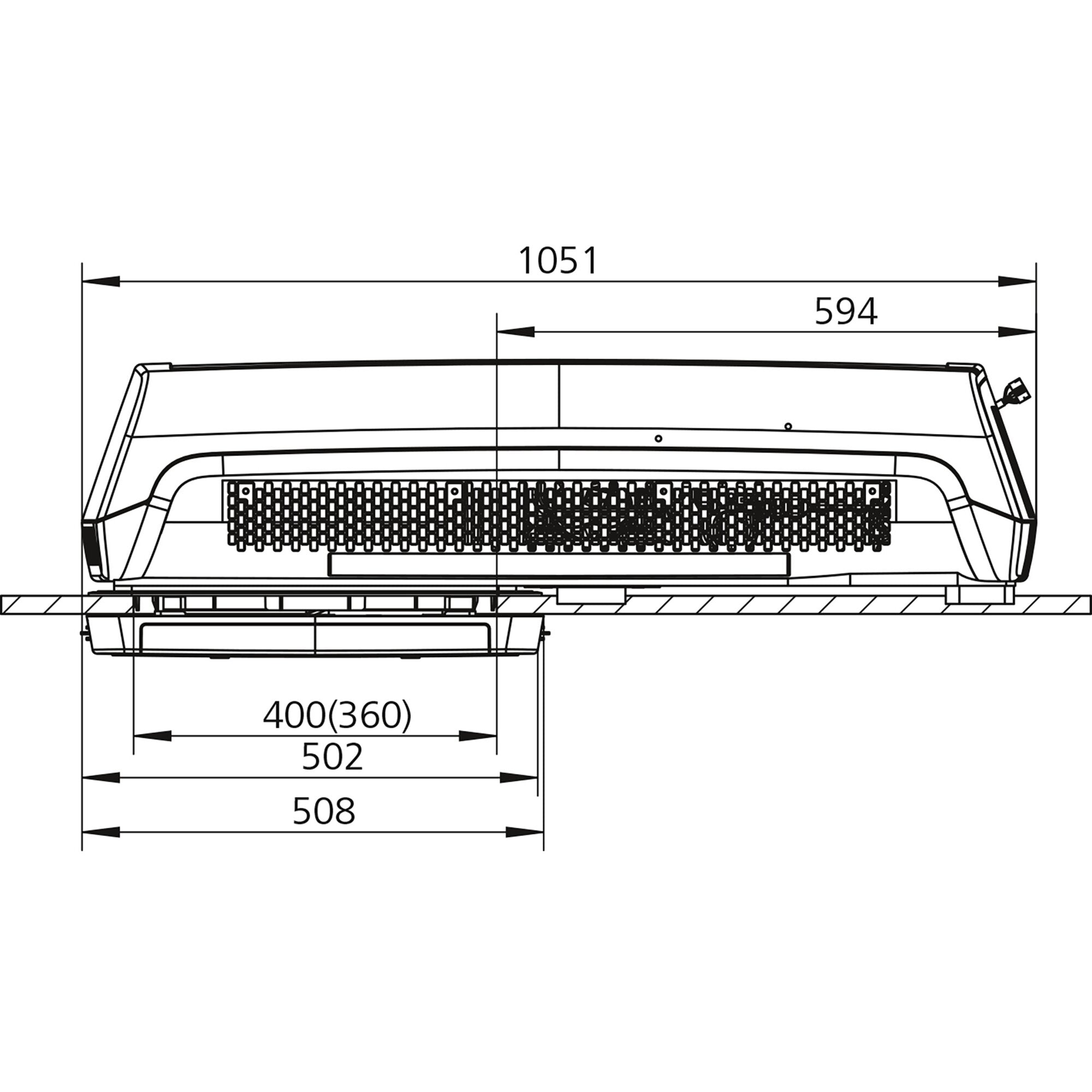 Technische Zeichnung einer wandmontierten Breezonic Performance HP Klimaanlage (2500 W) mit Frontgitter und Maßlinien für Länge und Breite
