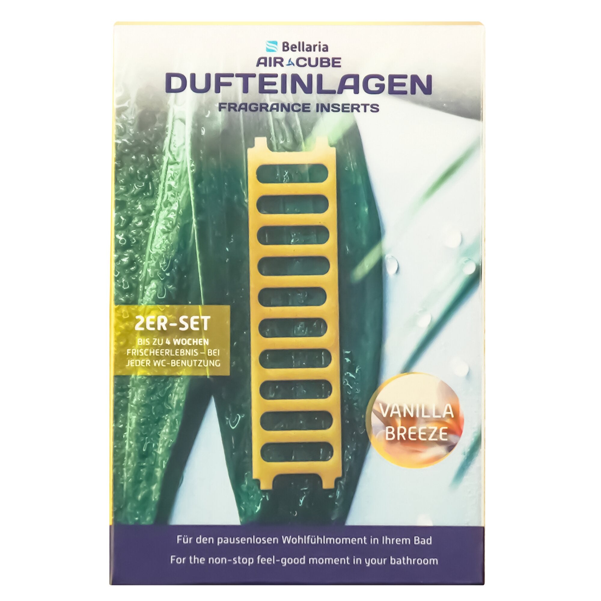 Verpackung für Duftinlagen Vanilla Breeze, Bellaria Air Cube, Fragrance Inserts; 2er-Set, gelber Rasterträger und runder Vanilla Breeze-Aufkleber sichtbar