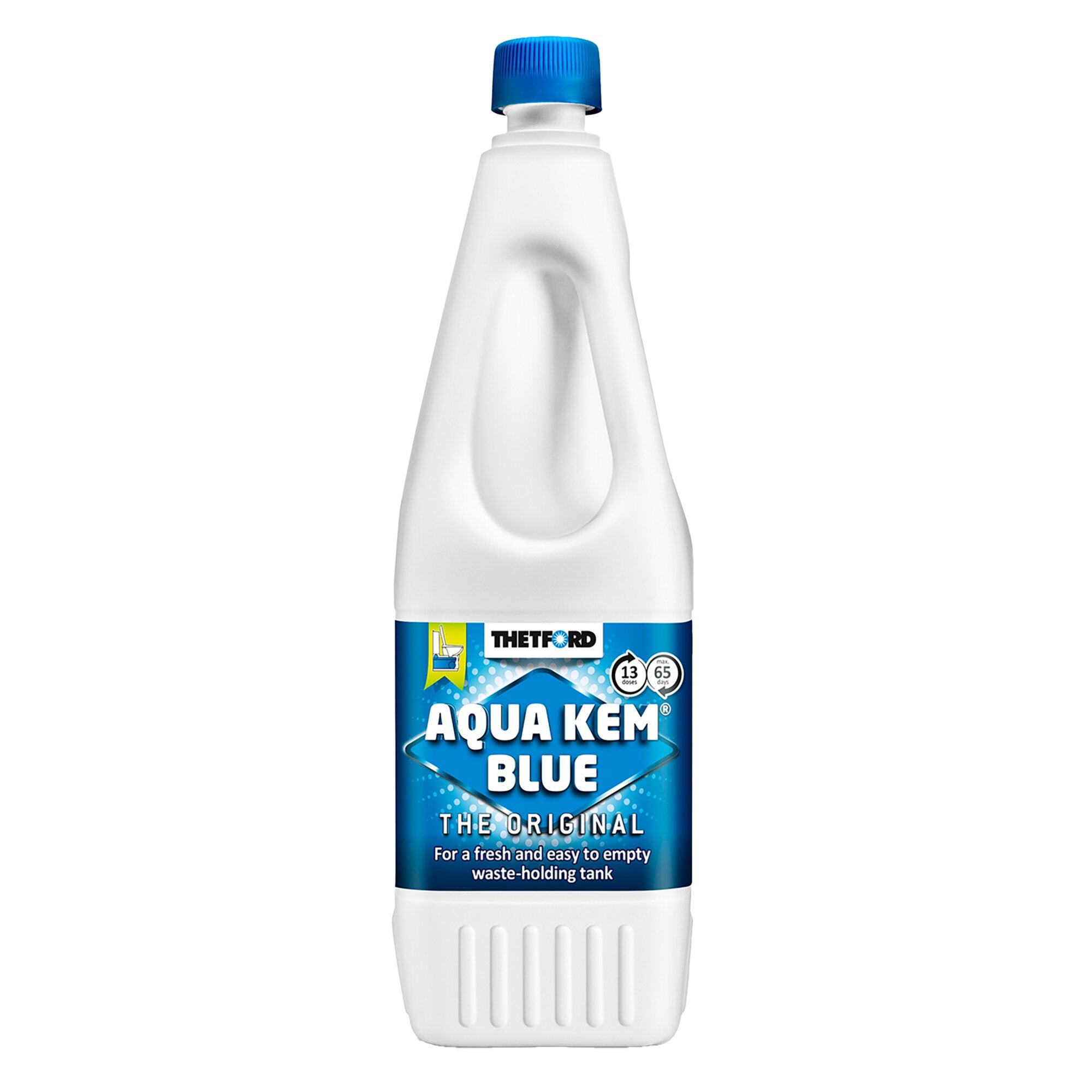 Weiße Kunststoffflasche mit blauem Schraubdeckel; blaues Etikett mit AQUA KEM BLUE