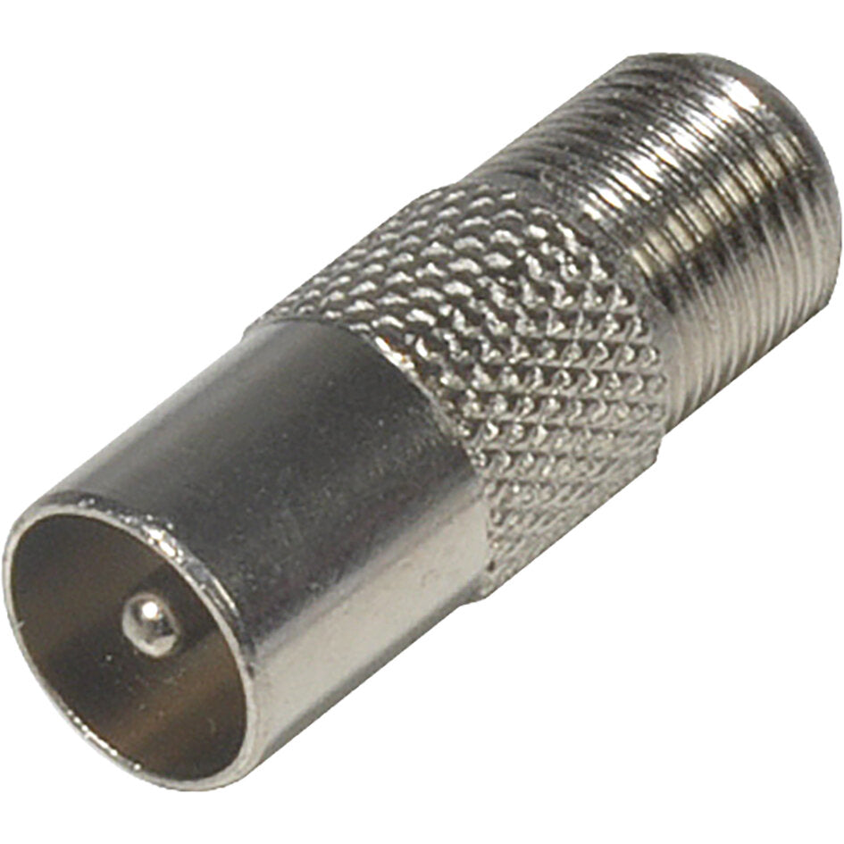 Metallischer Koaxstecker mit gerändeltem Gehäuse und Gewinde, offenes Frontende mit kleinem Zentralstift, Ansicht von der Seite