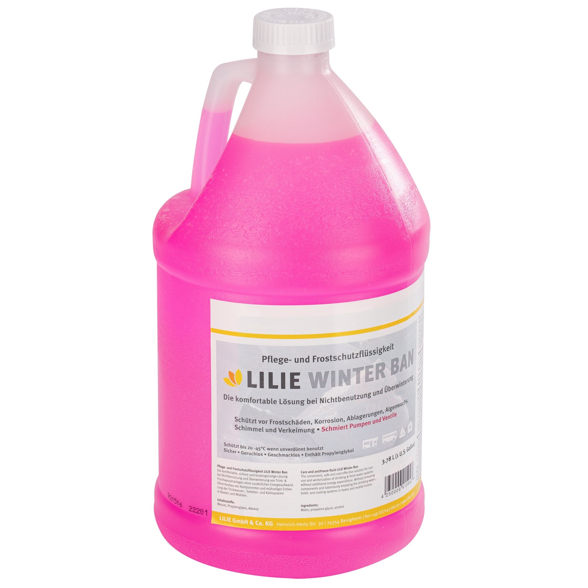 Pinkfarbenes Frostschutzmittel Winter Ban in einem dreieckigen Kunststoffkanister mit weißem Schraubverschluss und Griff, Etikett sichtbar