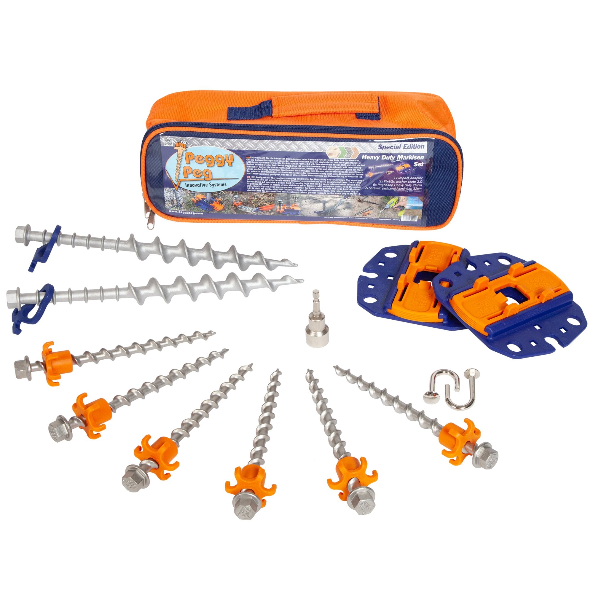 Orange Tragetasche mit HP Heavy Duty Markisen Set Aufdruck; Spiralanker aus Metall mit Gewinde, blaue Clips und orange Schraubteile