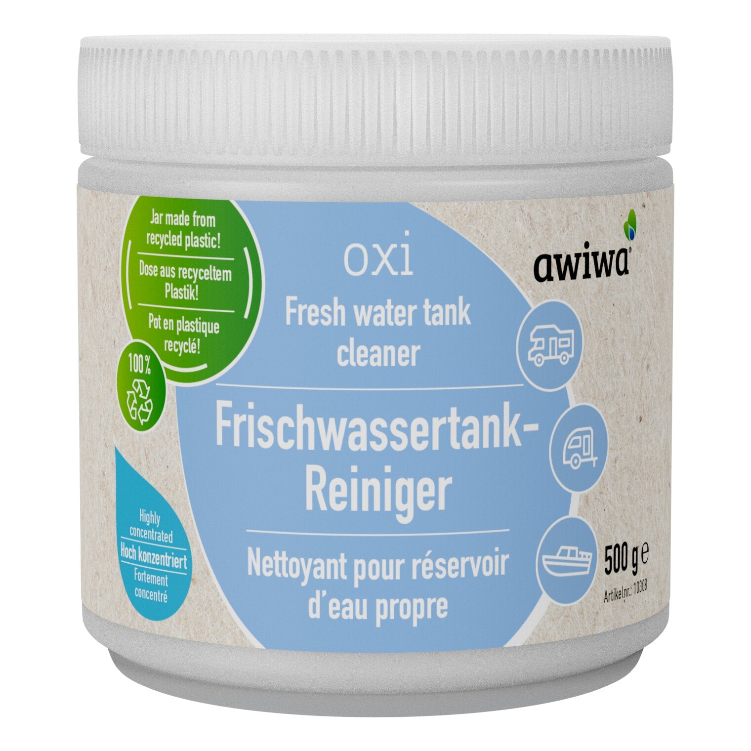 Oxi Fresh water tank cleaner Flasche mit blauem Etikett, Frischwassertank-Reiniger, grünes Recycling-Logo und awiwa-Logo sowie Fahrzeug-Icons, 500 g