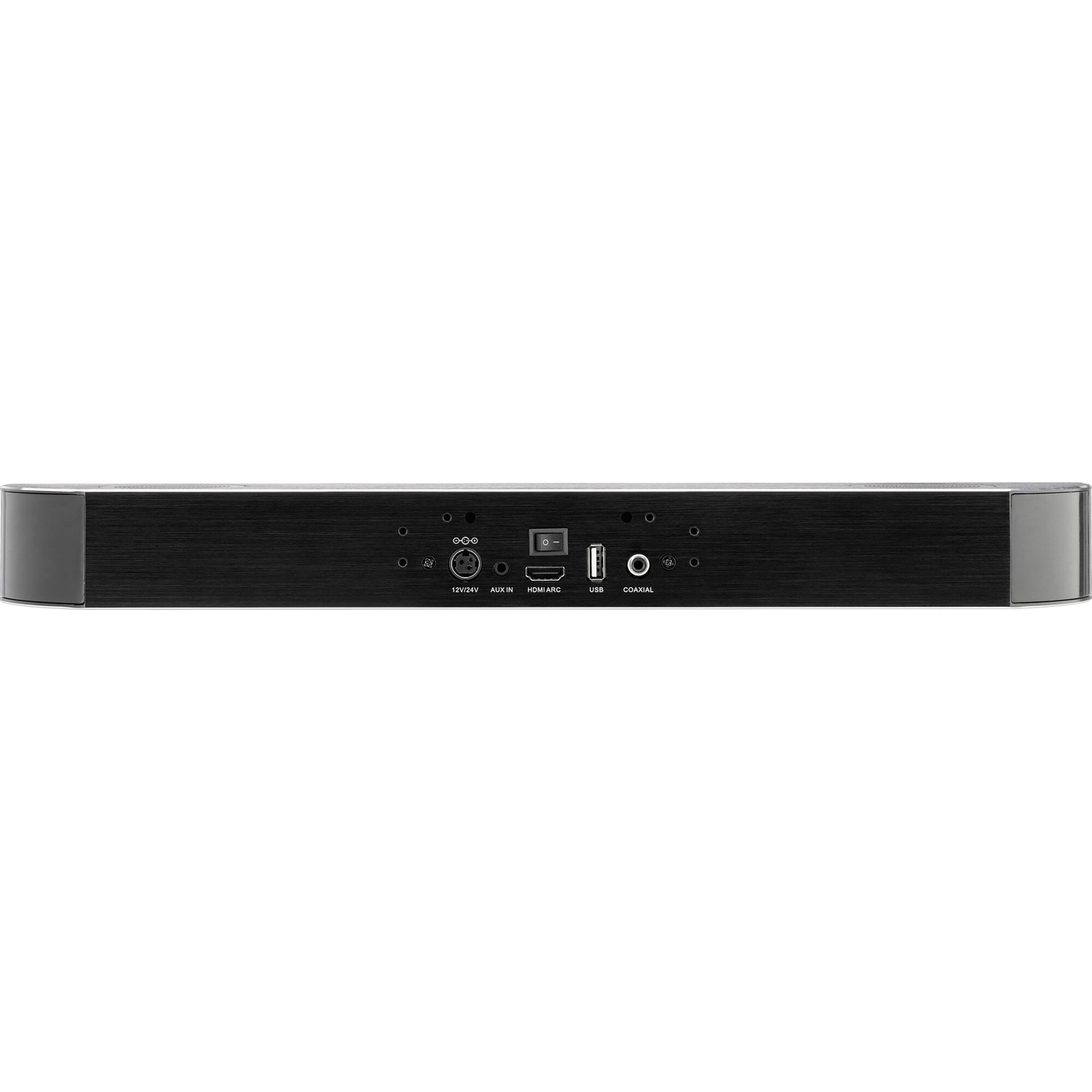 Rückseite einer Oyster Soundbar mit schwarzer Gehäuseoberfläche sichtbare Anschlüsse: 12V/24V AUX IN HDMI ARC USB COAXIAL und ein Netzschalter