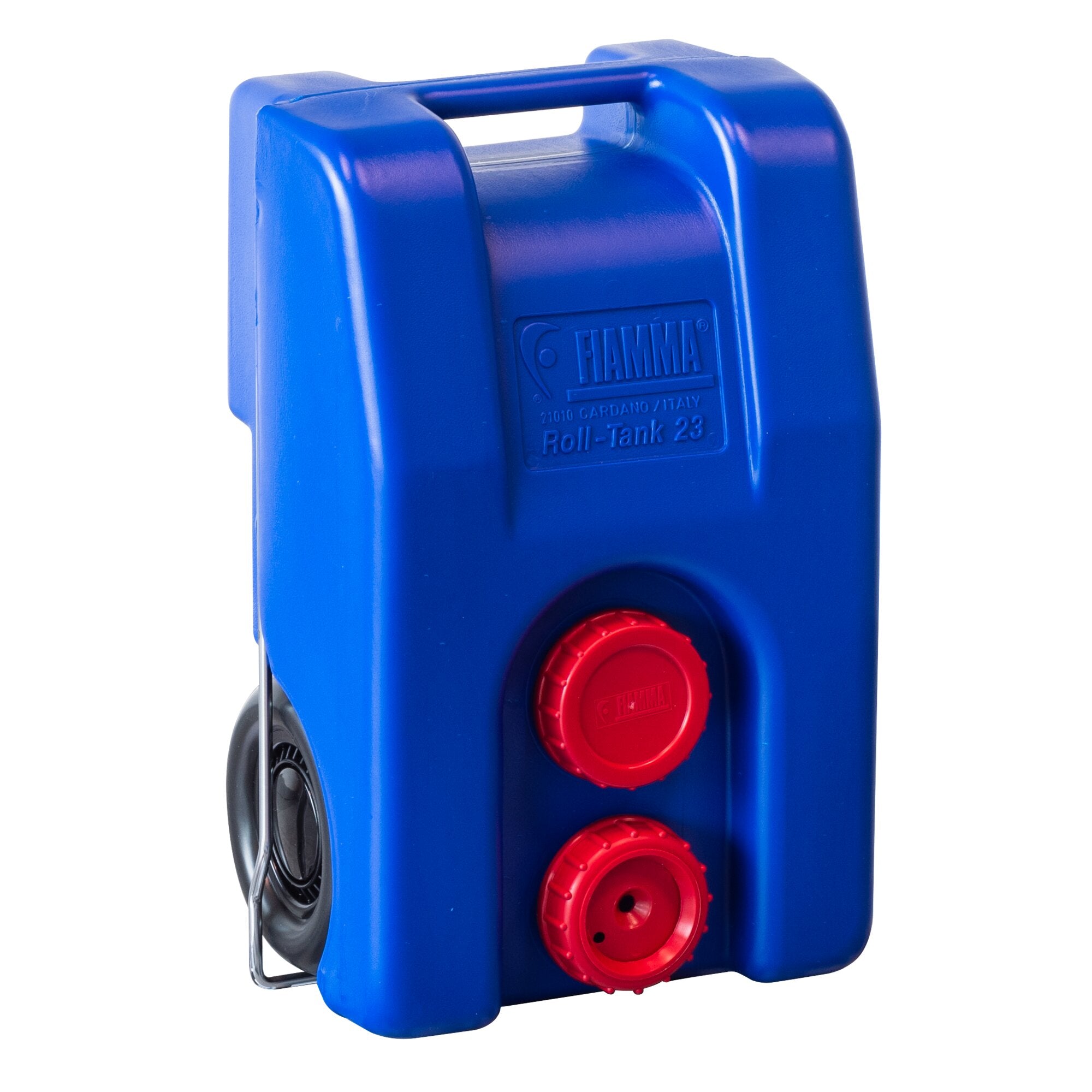 Blauer Frischwasser-Rolltank 23 F aus Kunststoff, seitliche Ansicht mit rotem Deckel und Verschlüssen, schwarzer Schlauch, oberer Tragegriff sichtbar