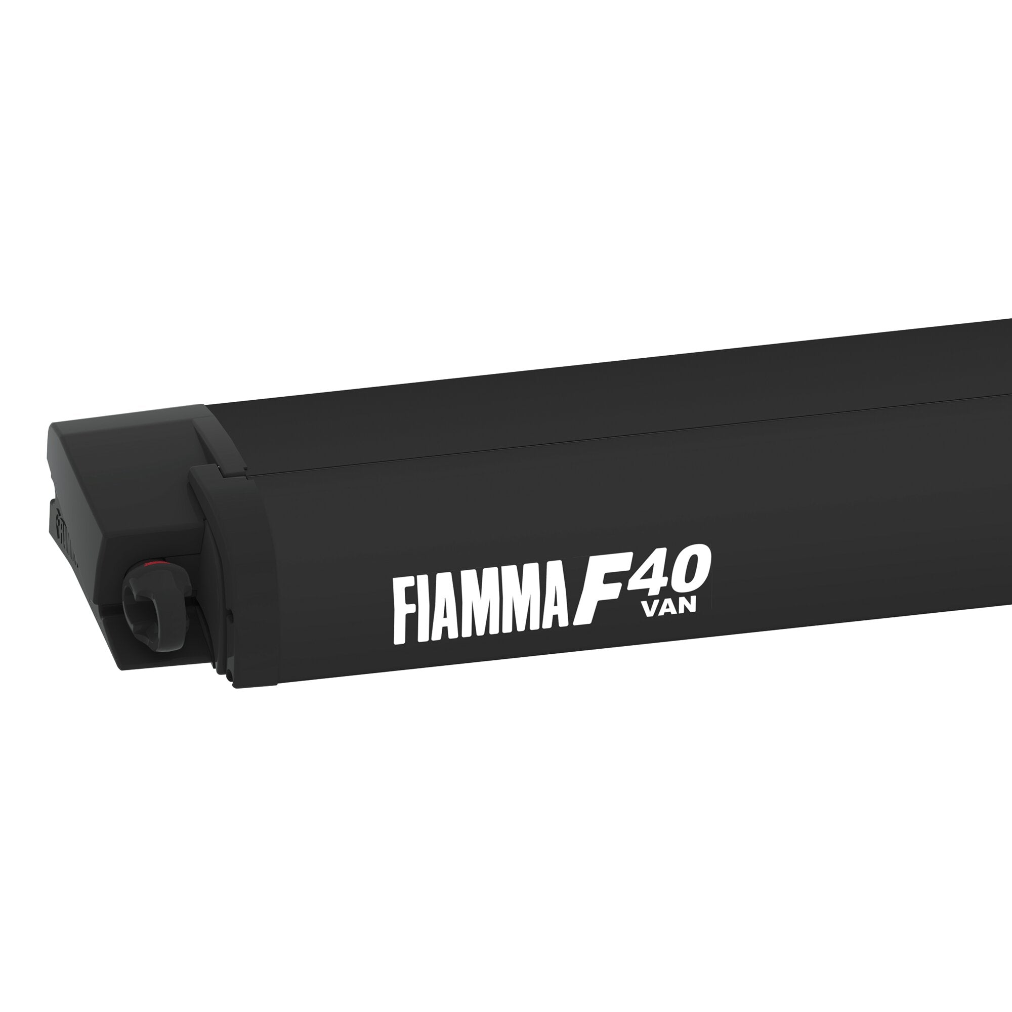 Schwarze Markisenkassette in Seitenansicht mit seitlicher Verriegelung und weißer Aufschrift FIAMMA F40 VAN