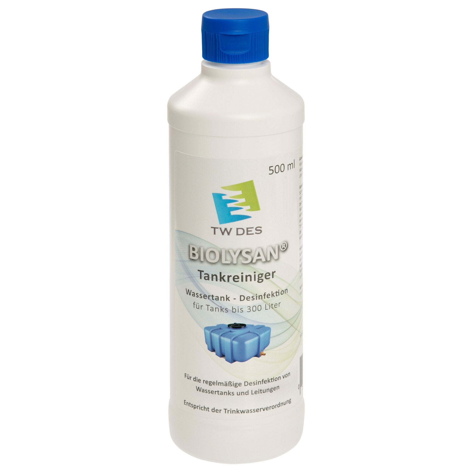 Weiße Kunststoffflasche mit blauem Schraubverschluss; Etikett zeigt BIOLYSAN Tankreiniger und Desinfektion für Wassertanks bis 300 Liter