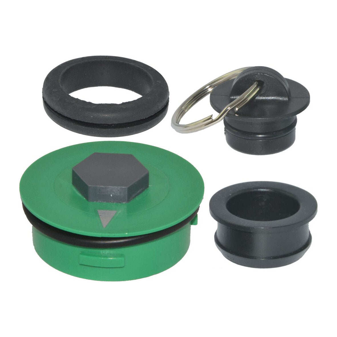 Grüner runder Deckel mit hexagonalem Knopf, umgeben von schwarzen Gummiringen, weiteren schwarzen Ringteilen und einem Metallring