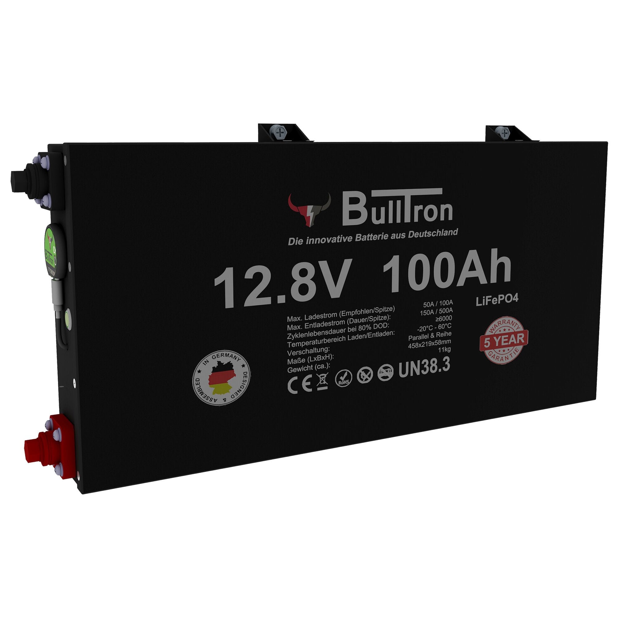 Schwarze Lithiumbatterie BullTron mit Beschriftung 12.8V 100Ah LiFePO4, seitlich rote Anschlussklemme und Montageschienen auf der Oberseite