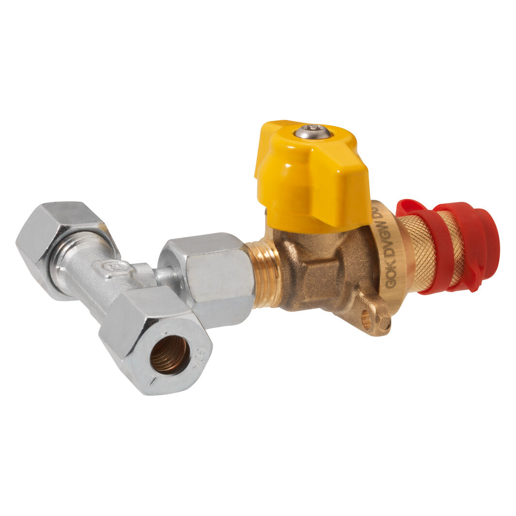 Kupplungsventil SSV-K 3 aus Messing mit gelbem Ventilknauf, rotem Anschlussstutzen und silbernem Verbindungsstück mit zwei Muttern