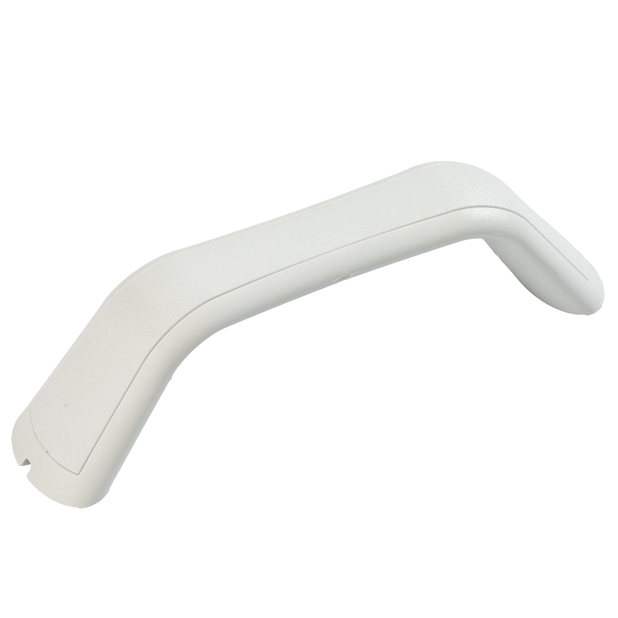 Nahaufnahme eines weißen Rangiergriffs aus Kunststoff mit glatter Oberfläche, ergonomisch geformt und einer sichtbaren unteren Kante