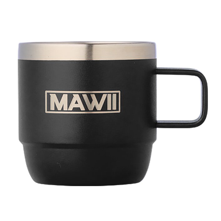 Schwarze matte Edelstahl-Espressotasse mit Henkel, silbernem Rand oben, MAWII-Logo an der Seite, Fassungsvermögen 177 ml