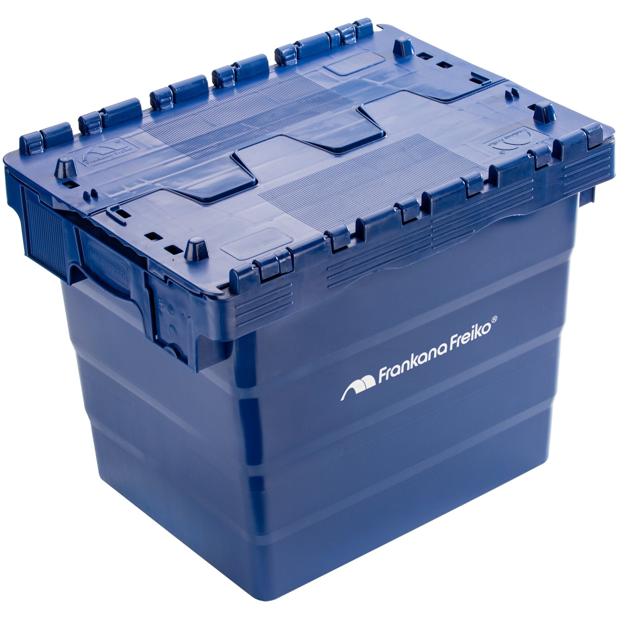 Blaues Kunststoff-Transportbox mit verschließbarem Deckel und mehreren Clips, seitlich sichtbares Markenlogo, 32-Liter-Kapazität