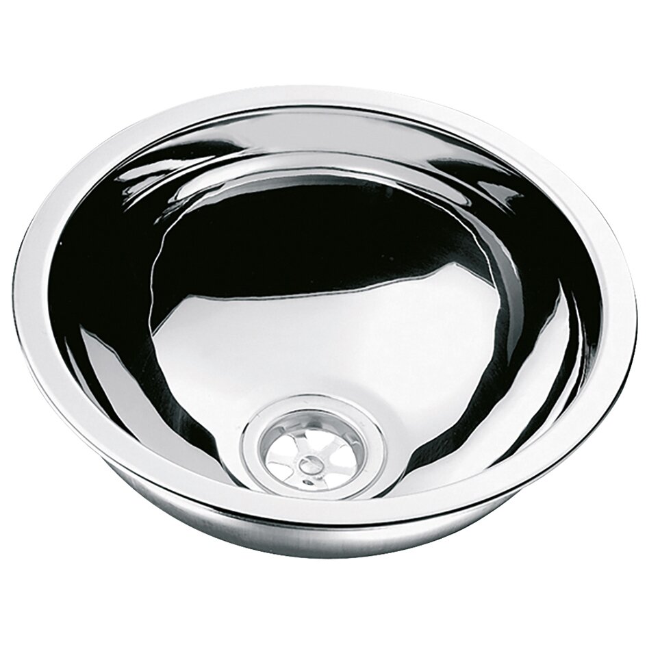 Rundes Spülbecken LA1411 aus Edelstahl, von oben aufgenommen, Innenraum spiegelglänzend, zentraler Abfluss am Boden sichtbar
