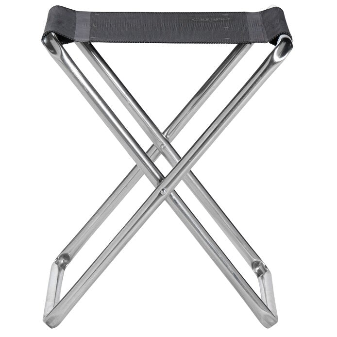 Hocker AL/301 Classic mit verchromtem Stahlgestell, X‑förmige Beine und Sitzfläche aus schwarzem Stoff