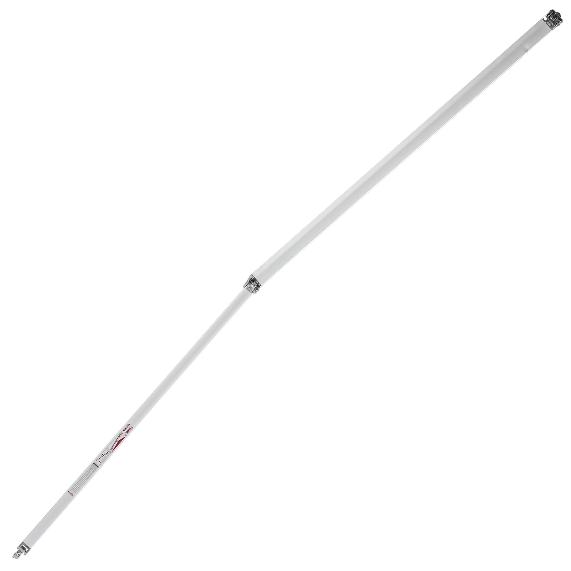 Gelenkarm aus weißem Aluminium, diagonal von unten links nach oben rechts angeordnet, mit metallischen Endstücken an beiden Enden und sichtbaren roten Etiketten am unteren Ende
