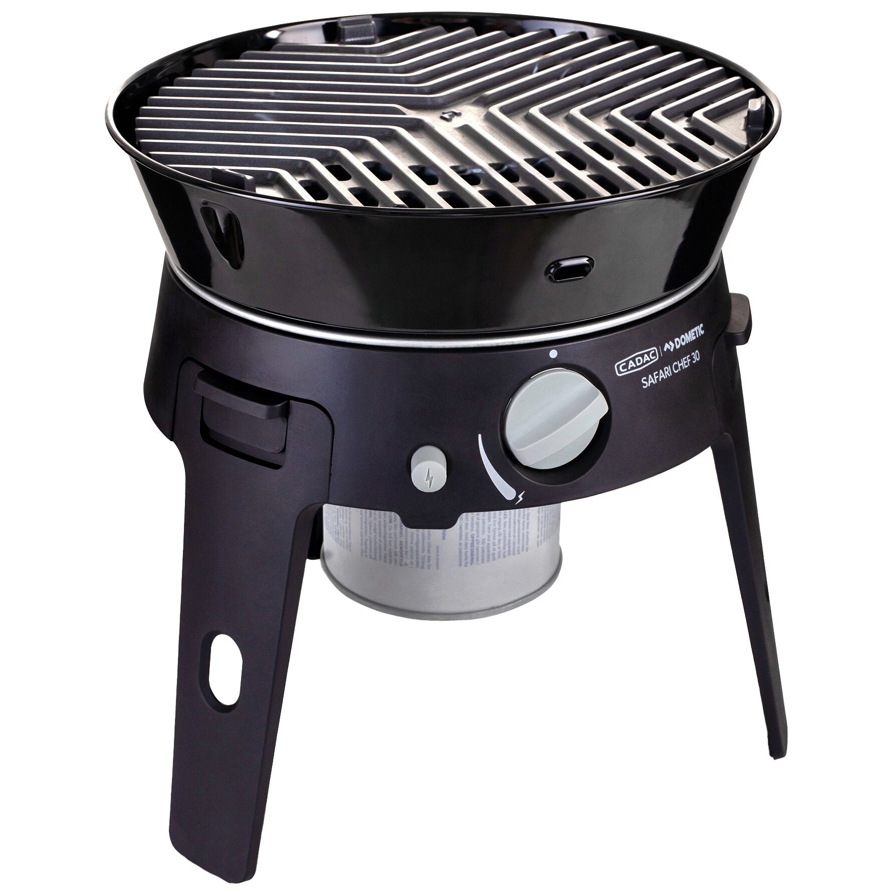 Runder schwarzer Gasgrill mit Edelstahl-Rost; darunter Kartusche sichtbar, seitliche Bedienelemente, CADAC Safari Chef 30 Logo am Gehäuse