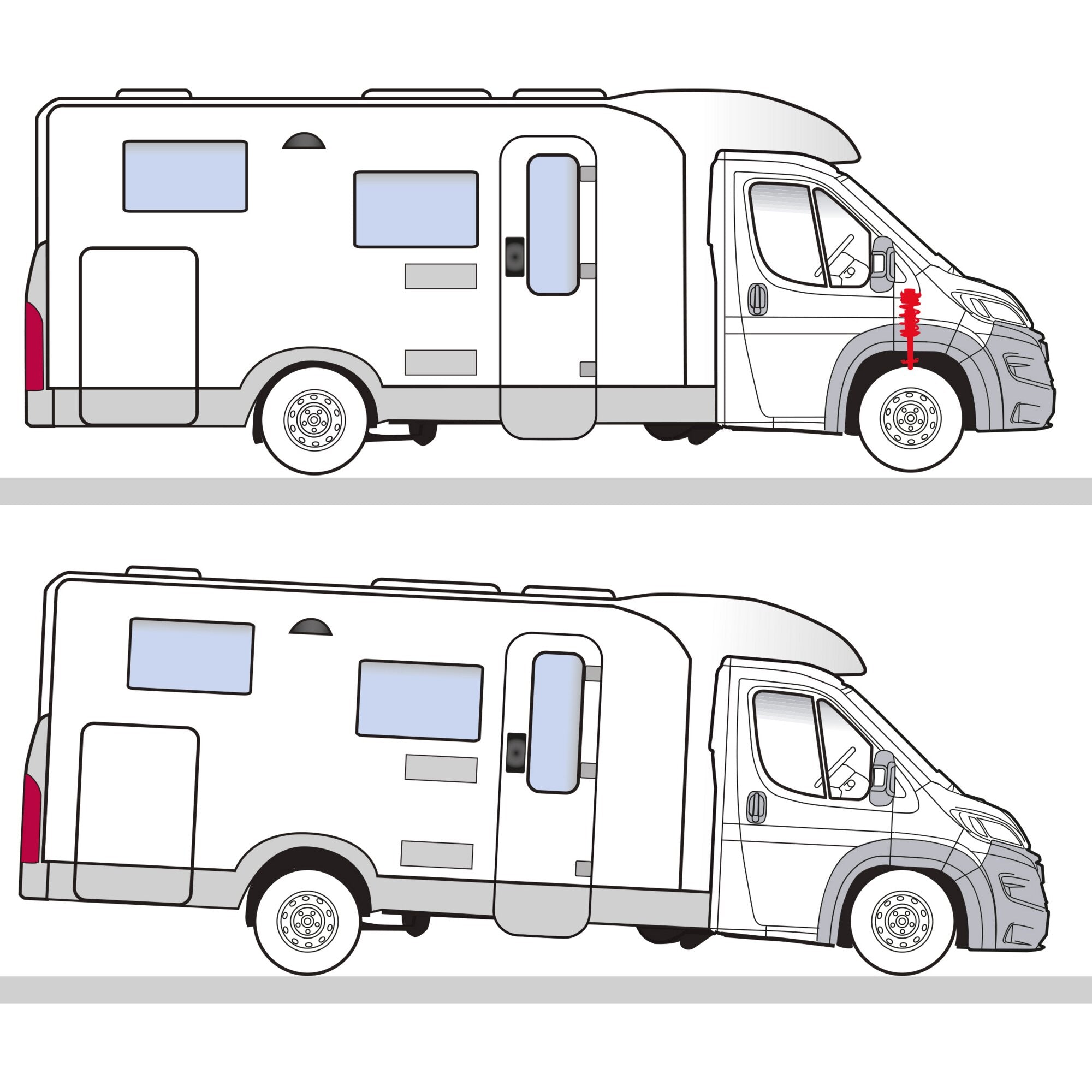 Zweifache Seitenansicht eines Fiat Ducato Light-Chassis Wohnmobils mit rotem Federbein am Vorderwagen, ProShock Komfortfederbein