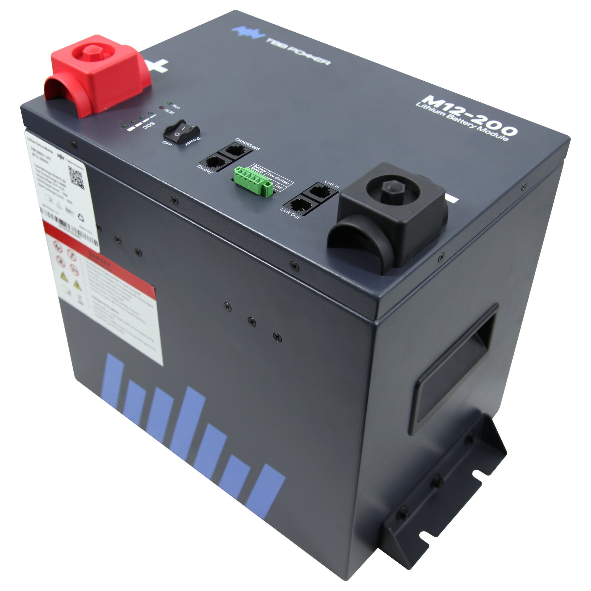 Nahaufnahme eines grauen M12-200 Lithium Battery Module mit rotem Hauptanschluss, grünem Anschlussblock, Displayfenster und Link-In/Link-Out Anschlüssen