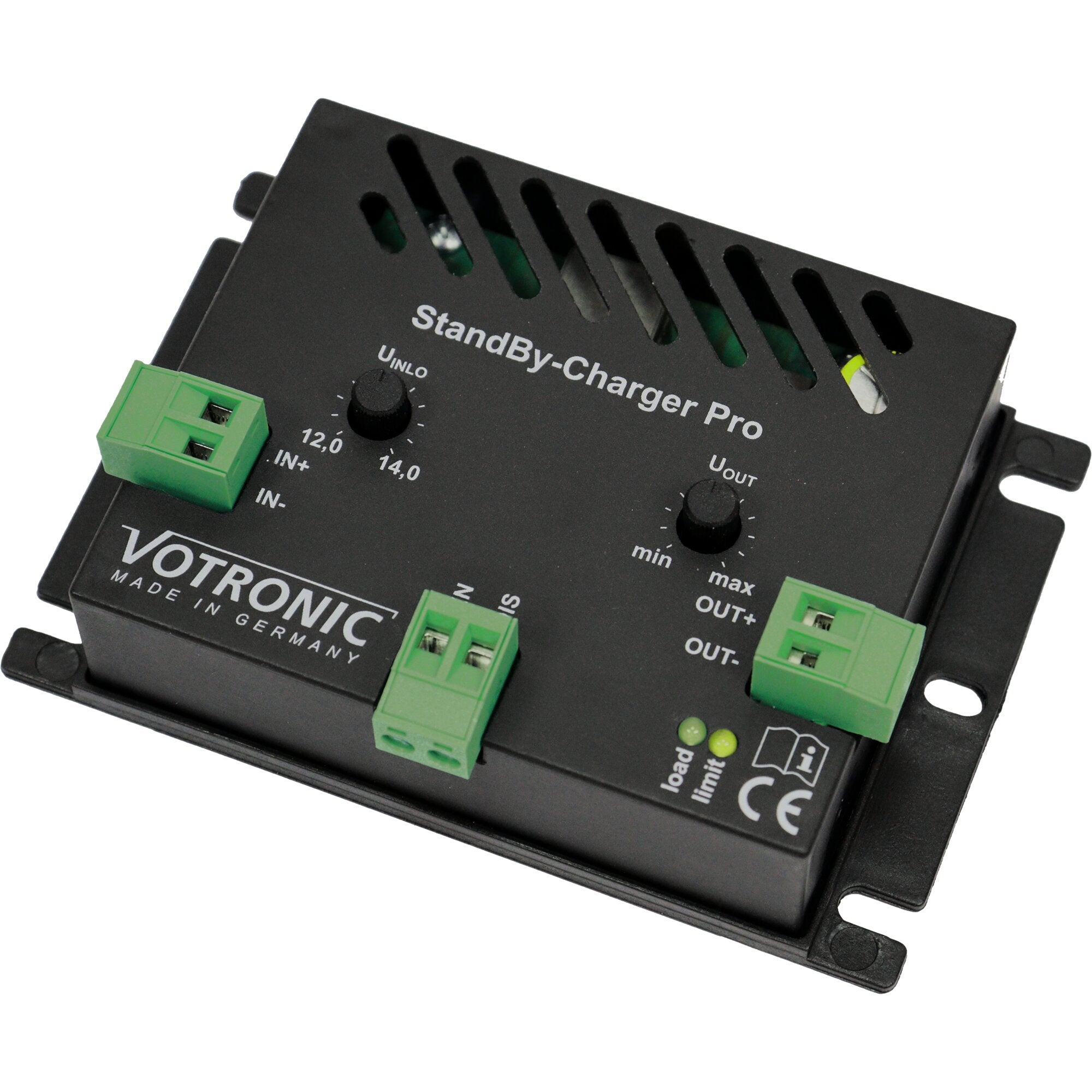 Schwarzes Gehäuse des Standby-Charger Pro mit Lüftungsschlitzen und grünen Terminalblöcken, IN- IN+ OUT- OUT+, Logo VOTRONIC MADE IN GERMANY