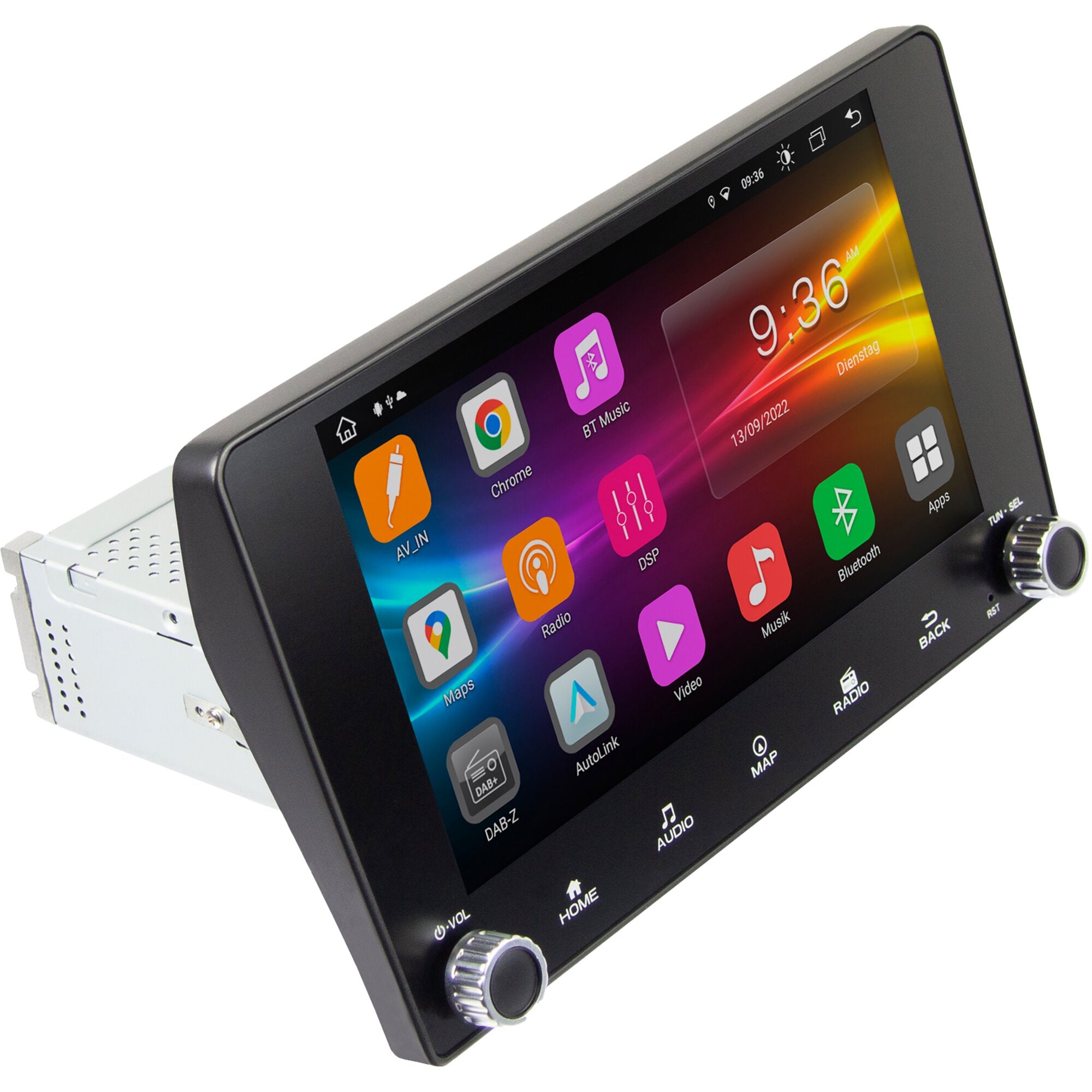 Nahaufnahme eines schwarzen Touchscreen-Infotainment-Systems mit bunten App-Symbolen Maps Chrome Radio Bluetooth Musik und zwei Knöpfen unten