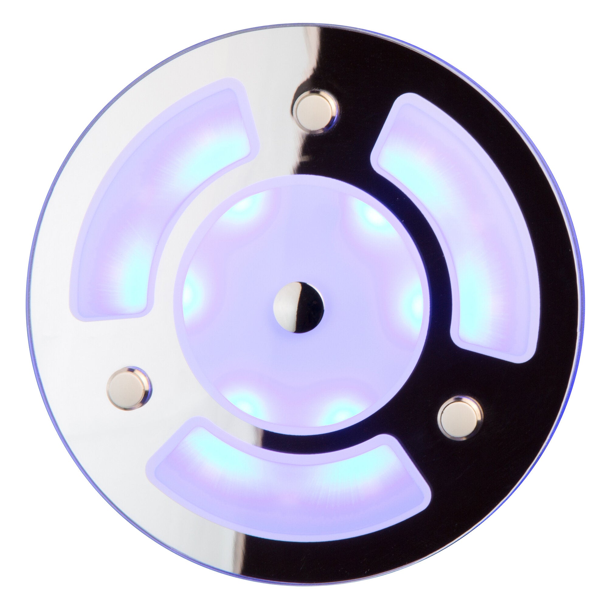 Runde Deckenleuchte mit glänzendem Metallrand und blau-violettem Licht aus inneren LED-Modulen, sichtbare kleine Randknöpfe