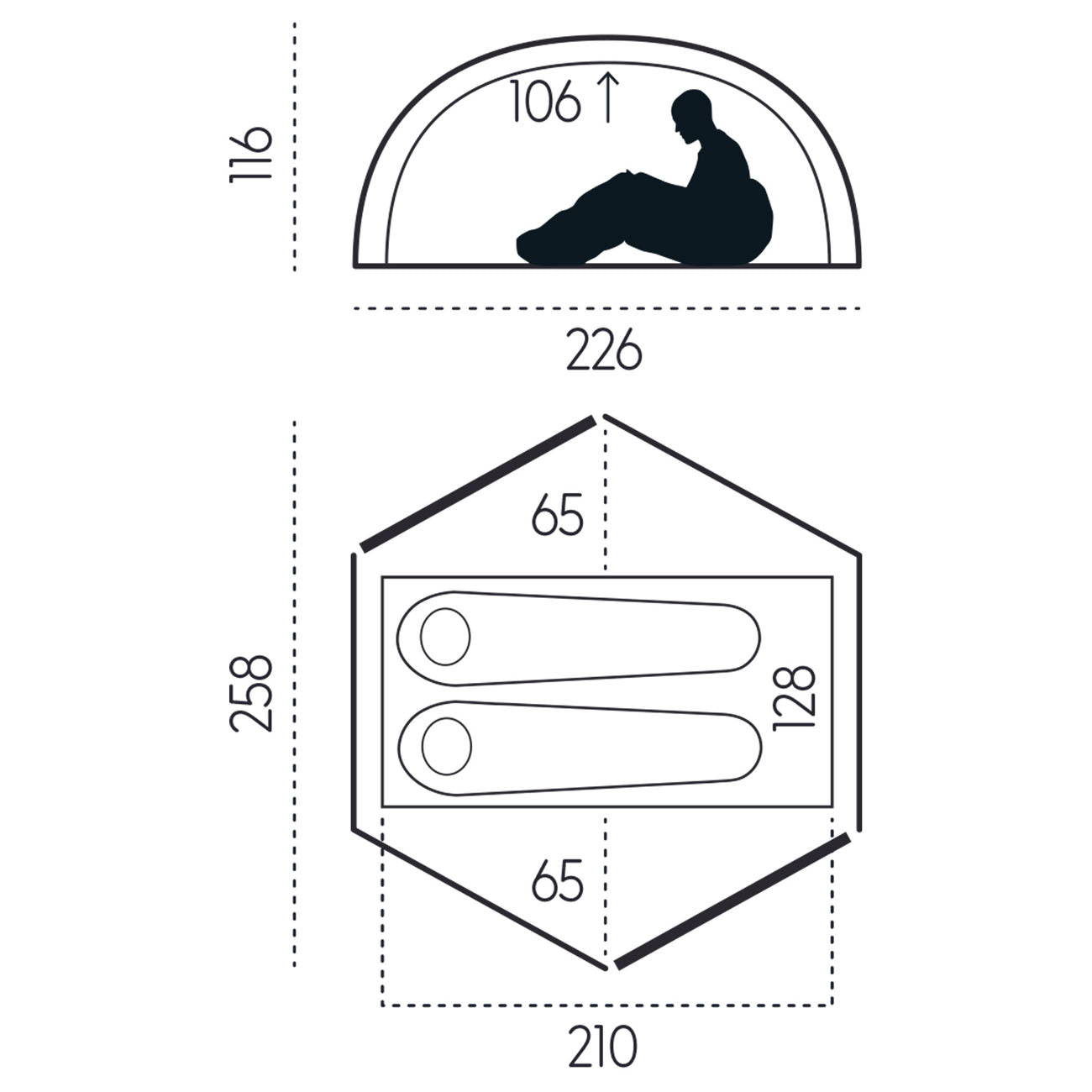 Fjällräven Abisko Friluft 2 – Maßgrafik für Innen- und Außenzelt