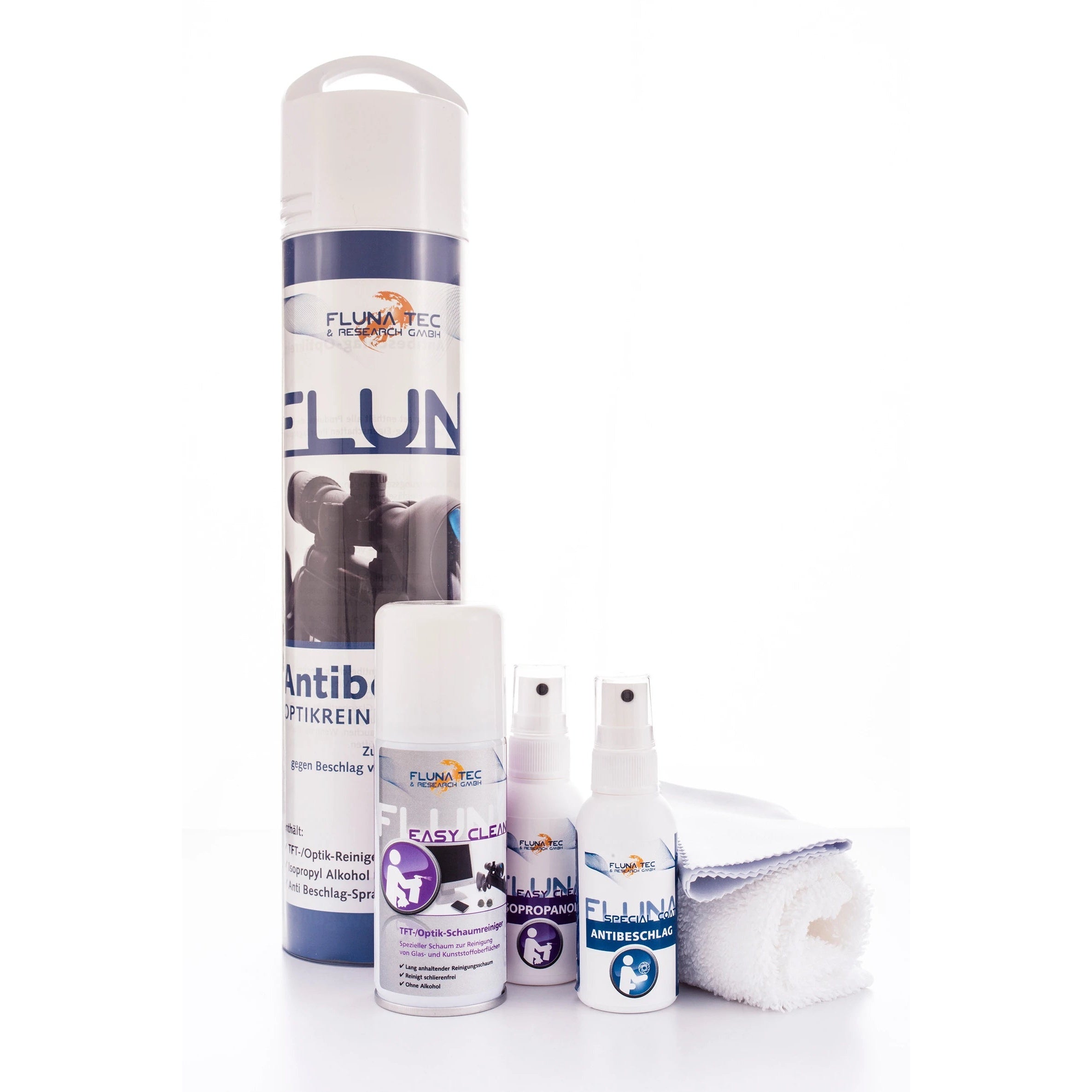 Fluna Tec Optik-Pflegeset Nr. 5, SKU 600143 – TFT Optik Pro, Isopropanol, Anti Fog und Tücher