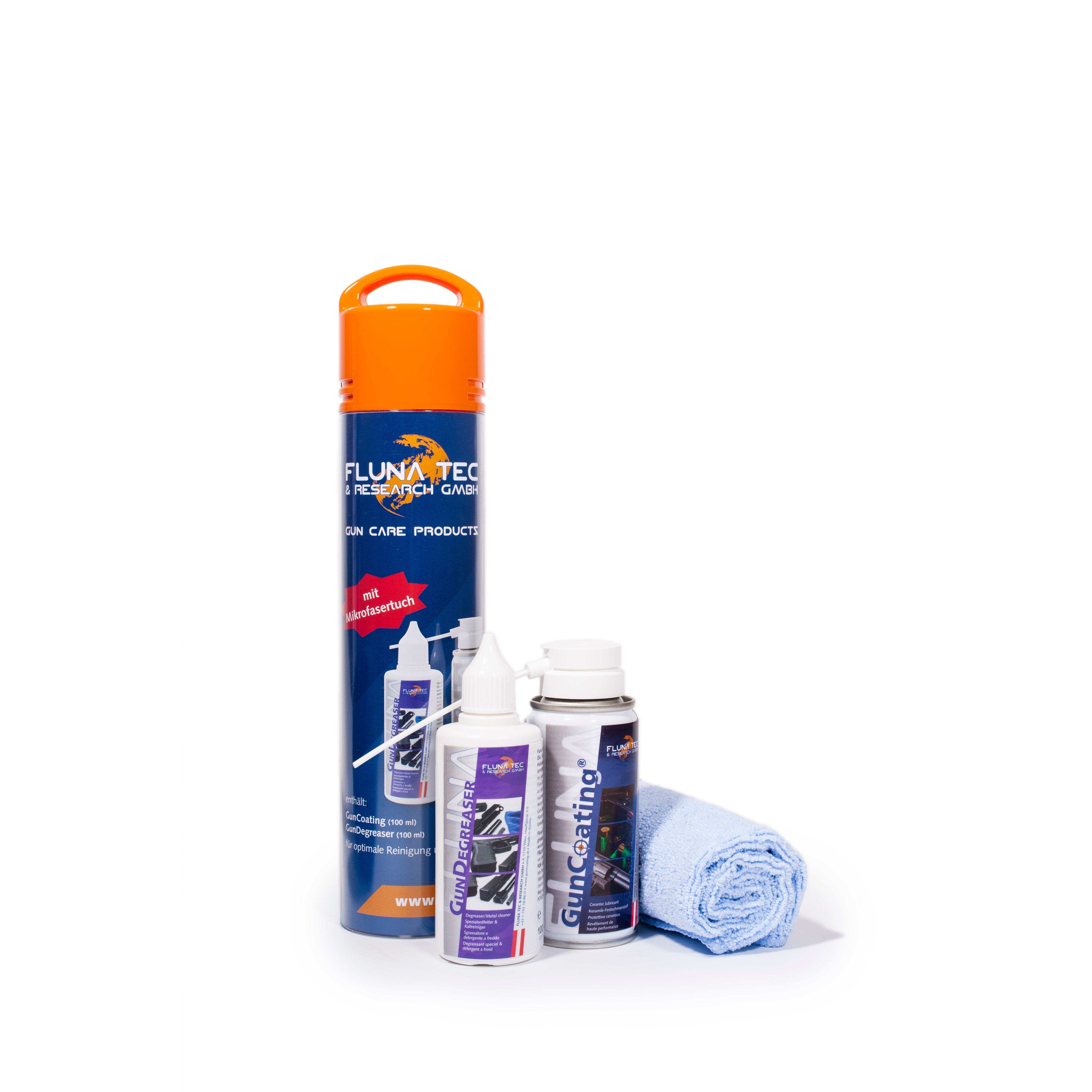 Fluna Tec Waffenpflegeset Nr. 1, SKU 600136 – Gun Coating, Gun Degreaser und Mikrofasertuch