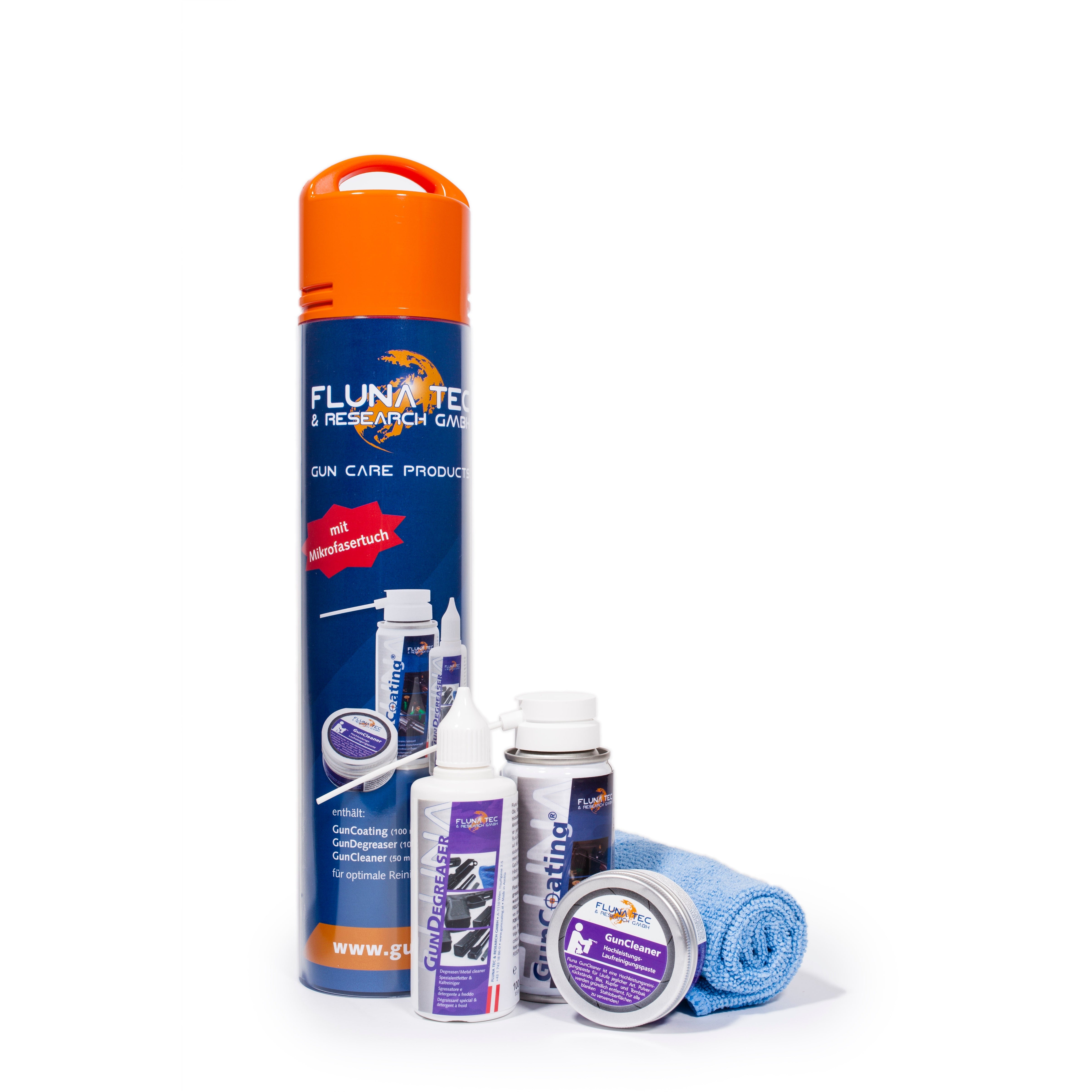 Fluna Tec Waffenpflegeset Nr. 2, SKU 600132 – Gun Coating, Gun Degreaser, Gun Cleaner und Mikrofasertuch