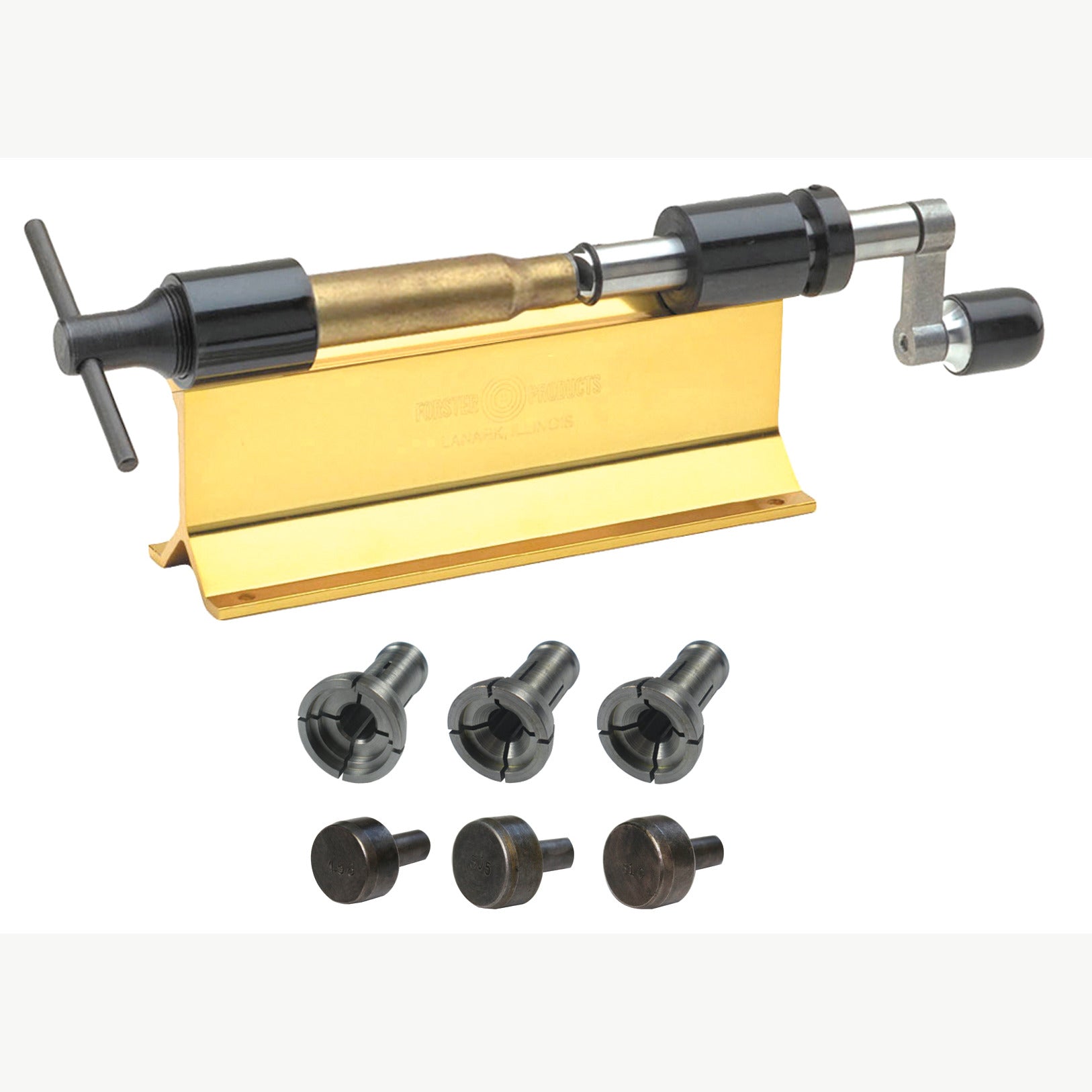 FORSTER CTK300 Classic Hülsentrimmer-Kit mit goldfarbenem Trimmer, drei Spannzangen und Piloten .458, .505 und .510