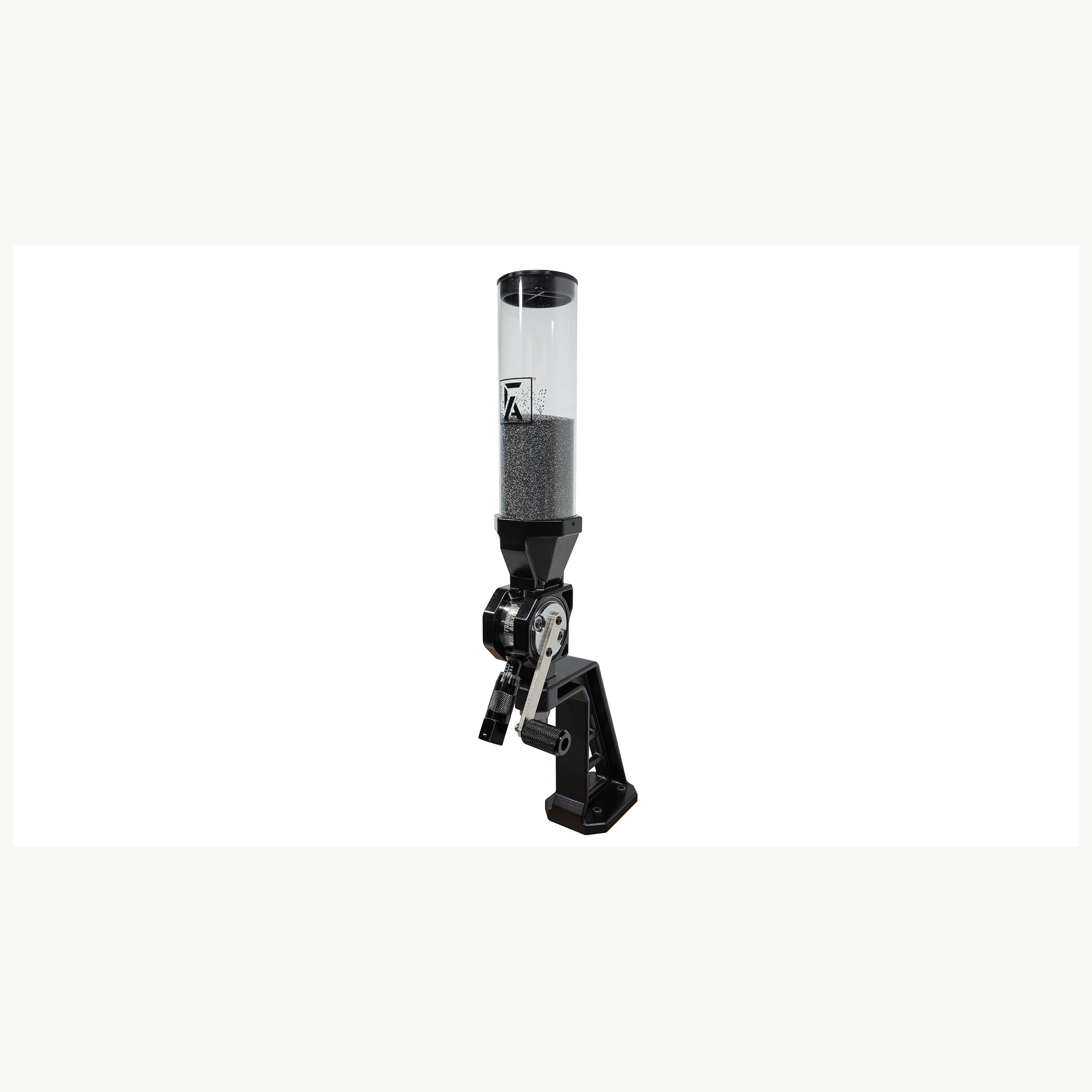 Frankford Arsenal Bench Top Pulverfüllgerät 1136233 mit befülltem transparentem Pulverbehälter und Stand