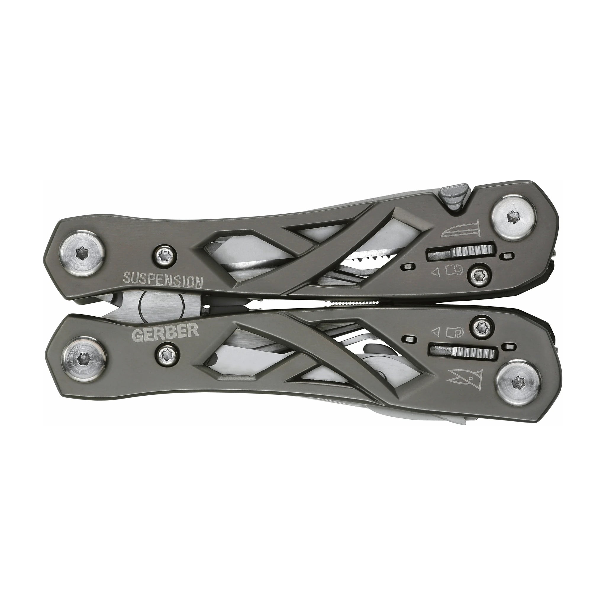 Gerber Suspension Edelstahl-Multitool · geschlossen im offenen Edelstahlrahmen