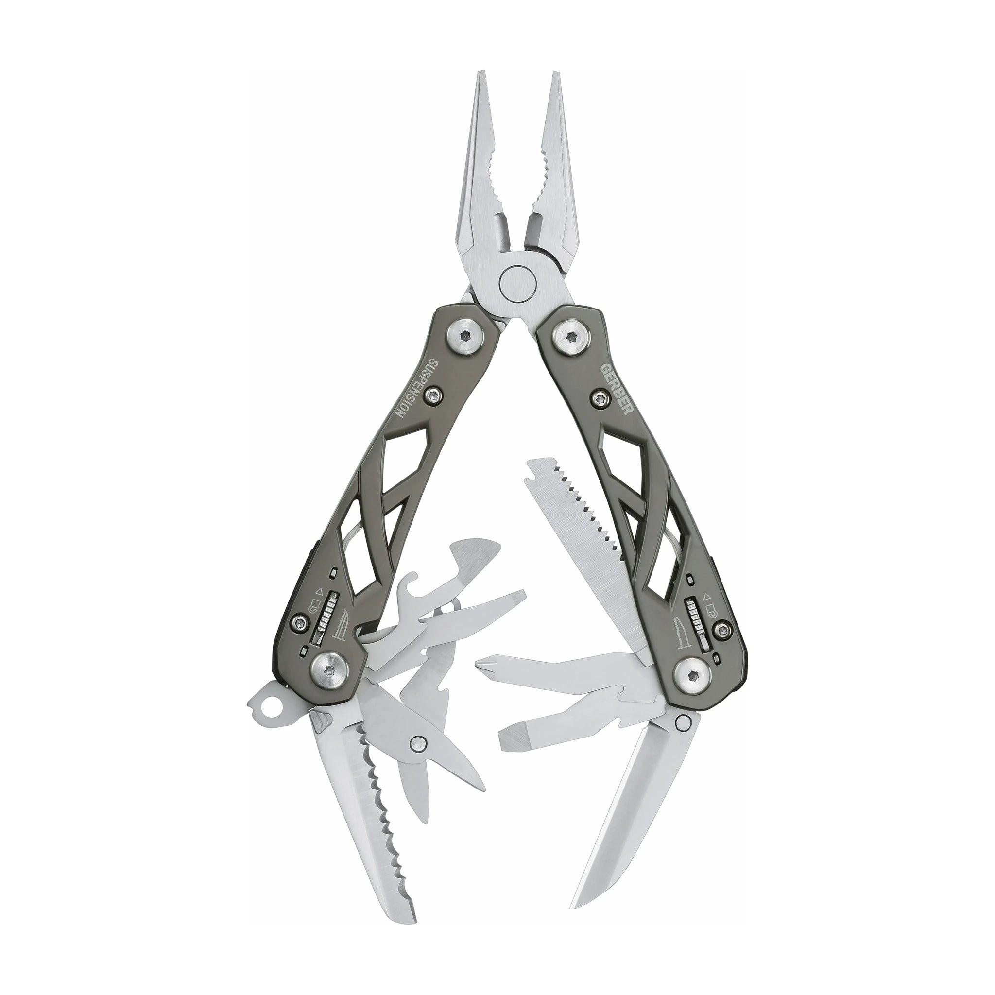 Gerber Suspension Edelstahl-Multitool · Federzange, Klingen, Säge und Werkzeuge geöffnet