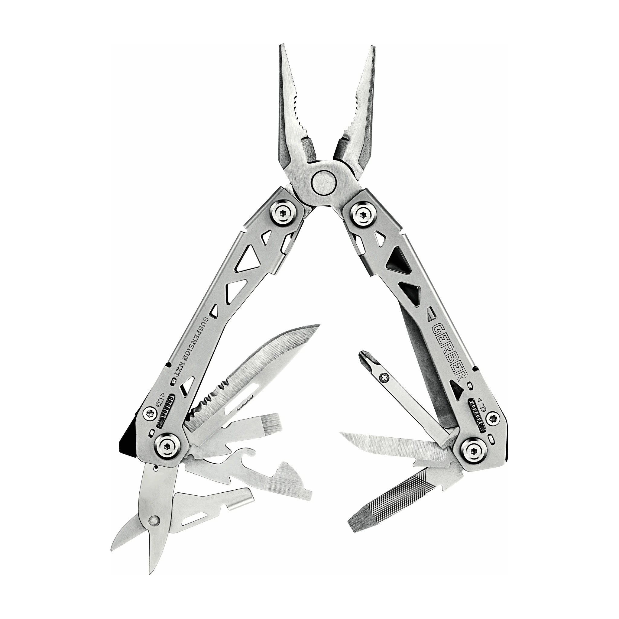 Gerber Suspension NXT Edelstahl-Multitool · federunterstützte Zange und Werkzeuge geöffnet