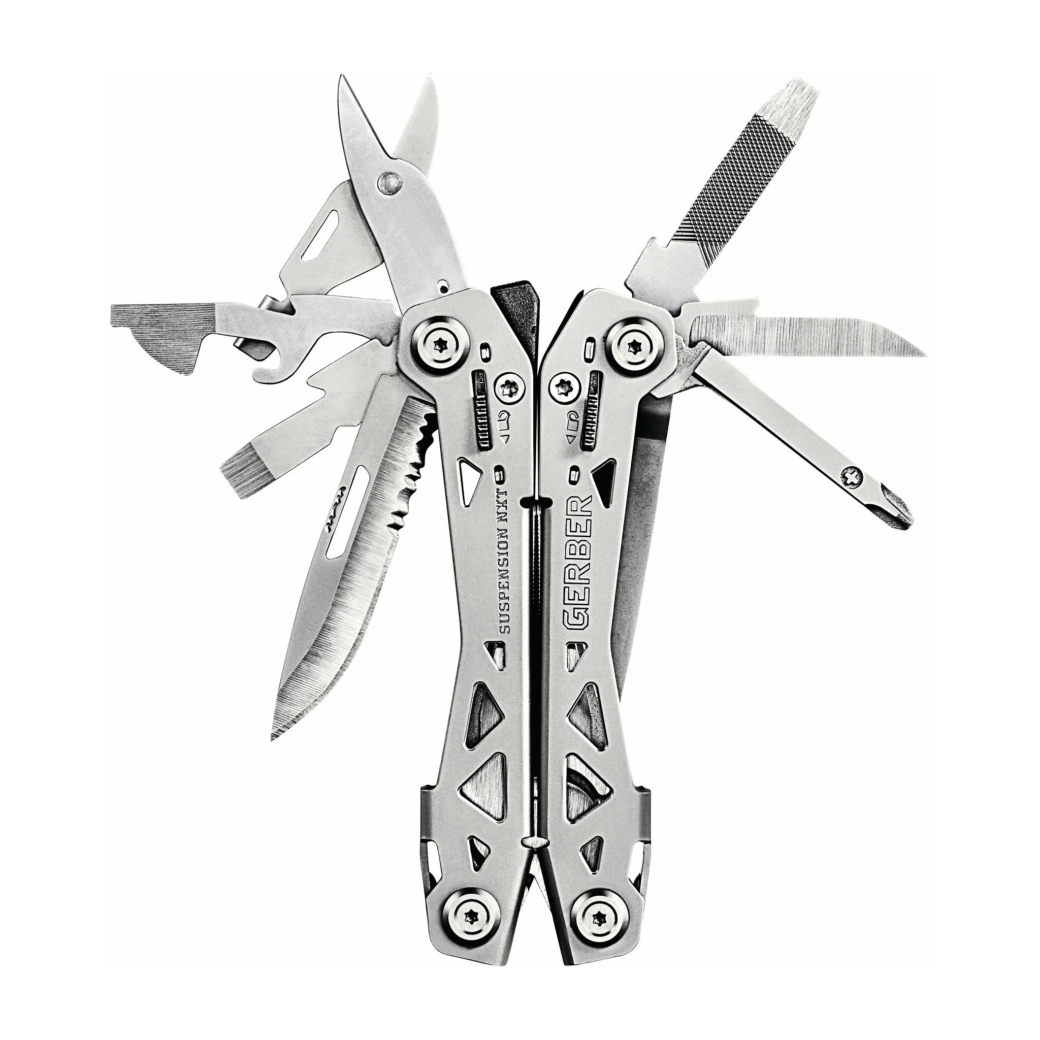 Gerber Suspension NXT Edelstahl-Multitool · Kombiklinge, Schere, Feile und Schraubendreher ausgeklappt
