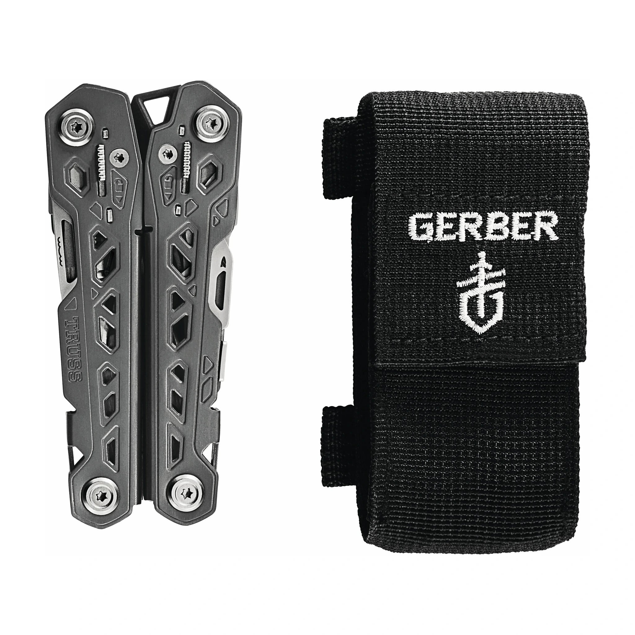 Gerber Truss Edelstahl-Multitool · geschlossenes Tool mit schwarzem Gürteletui