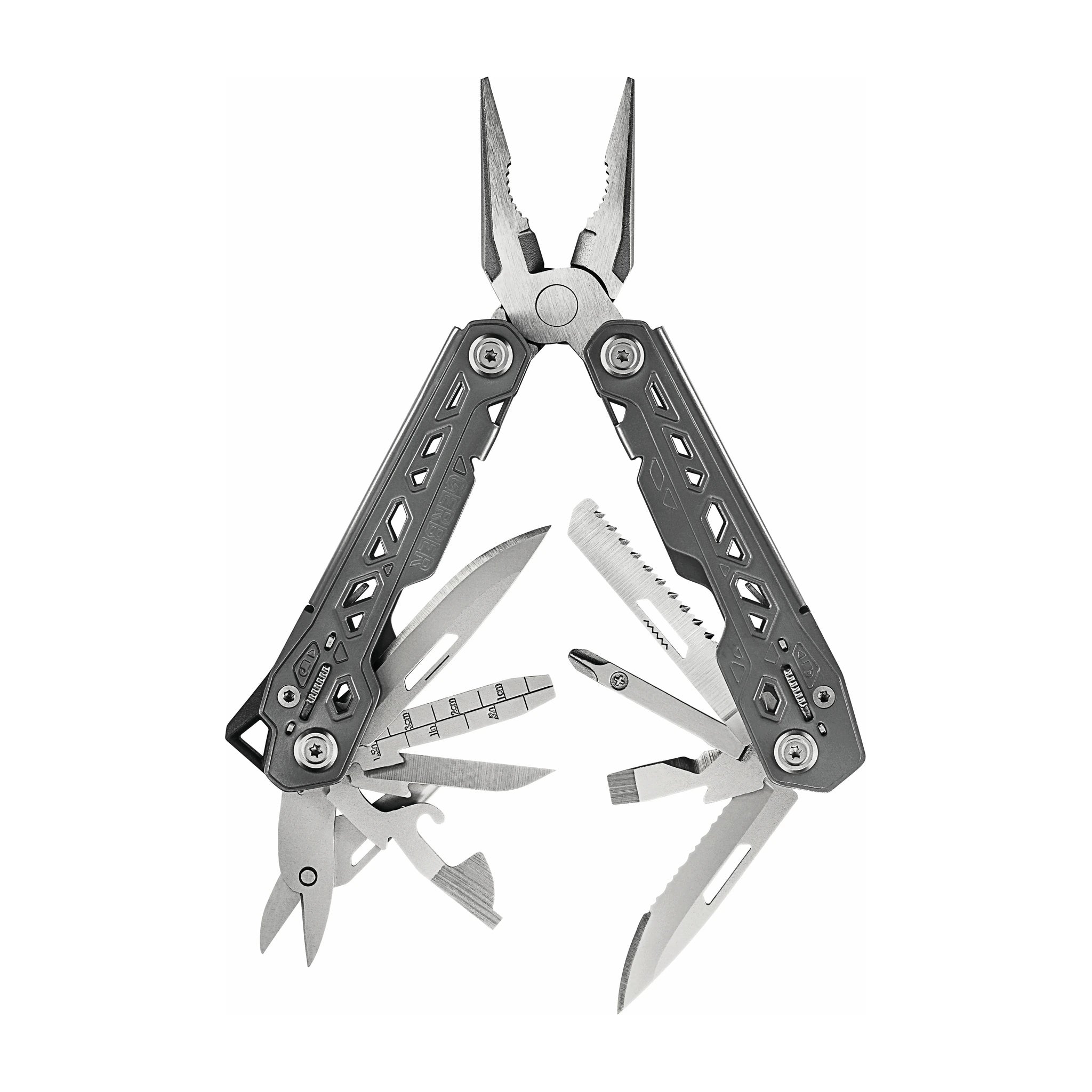 Gerber Truss Edelstahl-Multitool · federunterstützte Zange und 17 Werkzeuge geöffnet