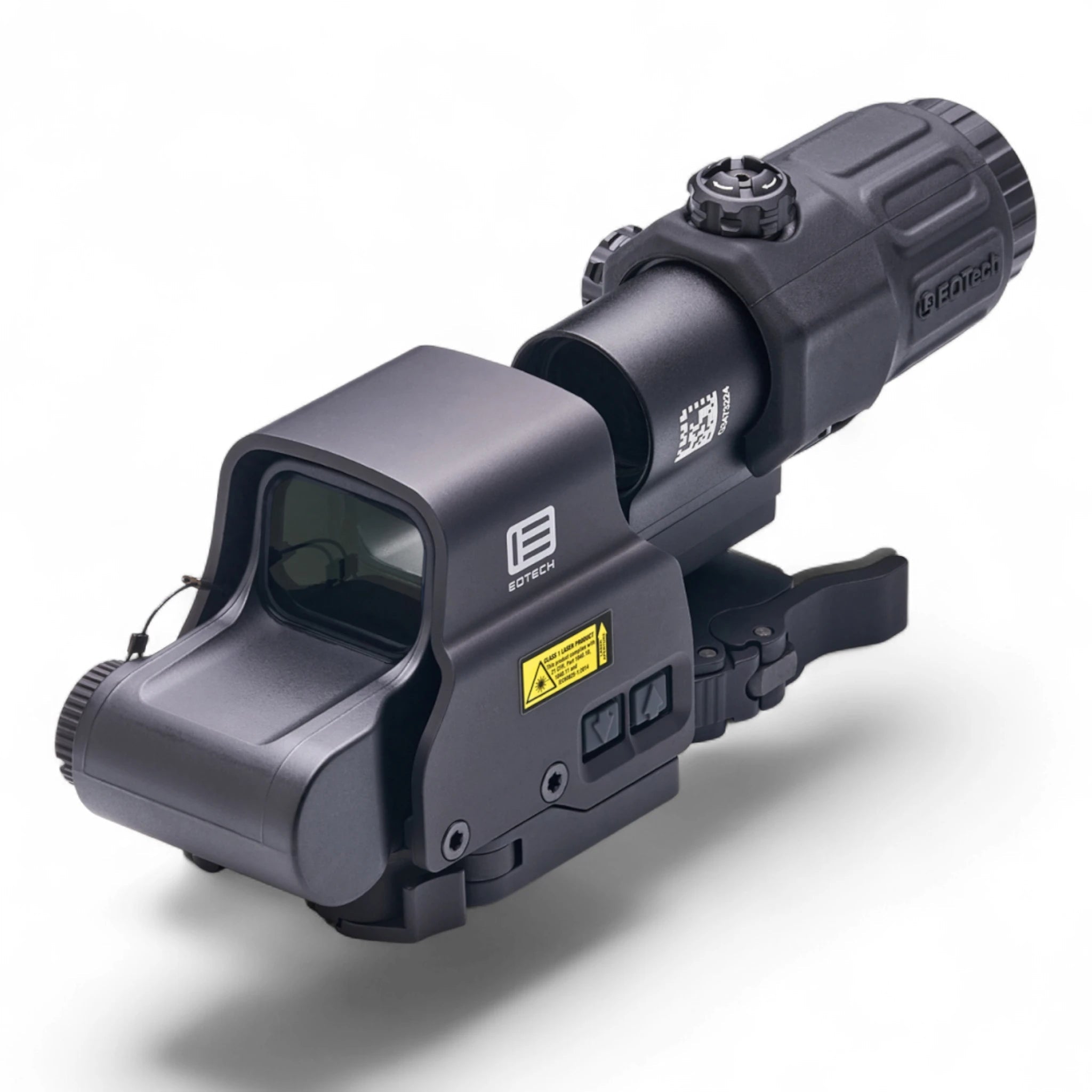 Schwarzes taktisches EOTech HHS V Zielgerät mit holografischem Rotpunktvisier und seitlich klappbarem Magnifier, kompakte.
